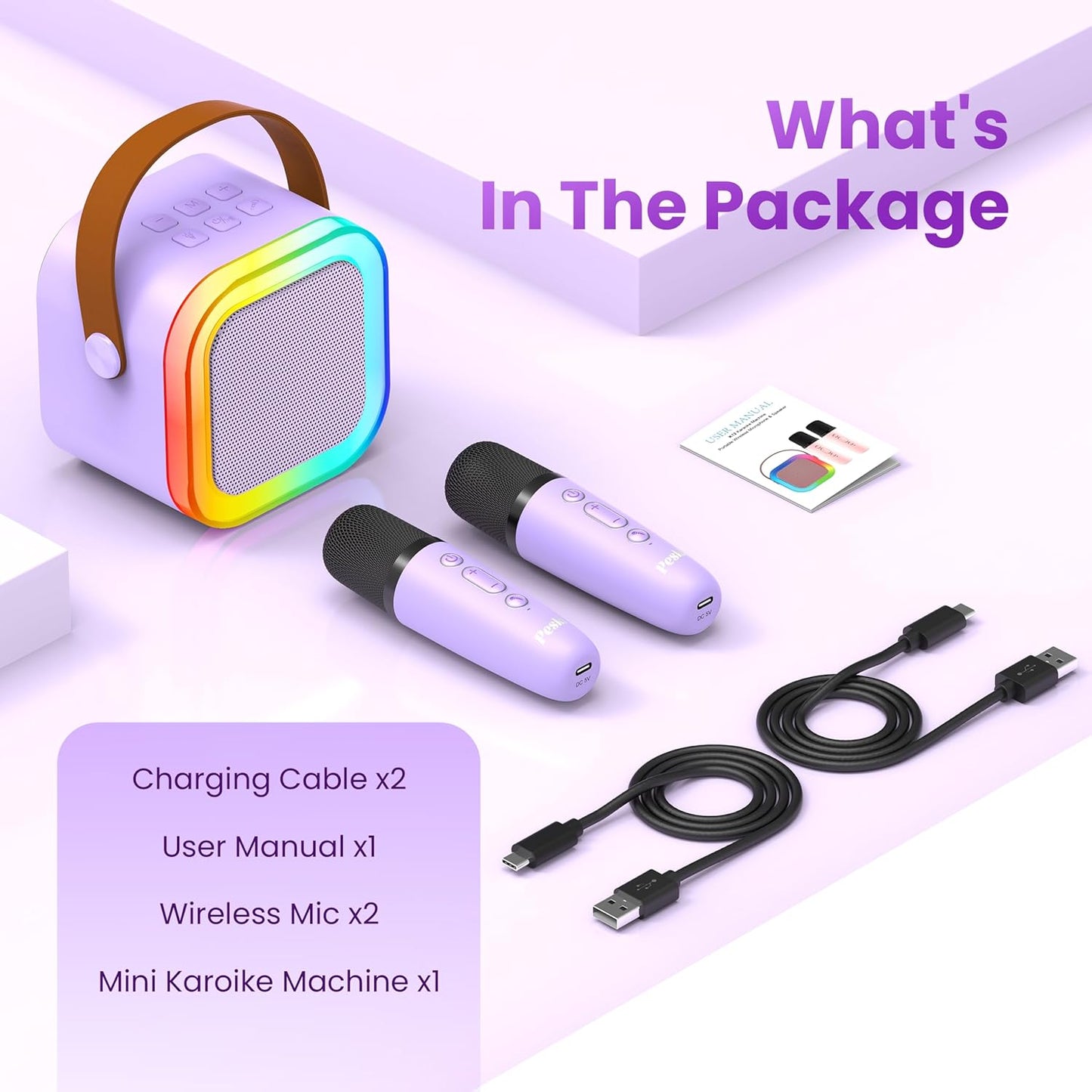 Karaoke Machine for Kids Adults, Portable Bluetooth Mini Karaoke Microphone Singing Speaker Karaoke Player with 2 Wireless Mic Toys for All Smartphones,Birthday, Family,Home Party (Purple)