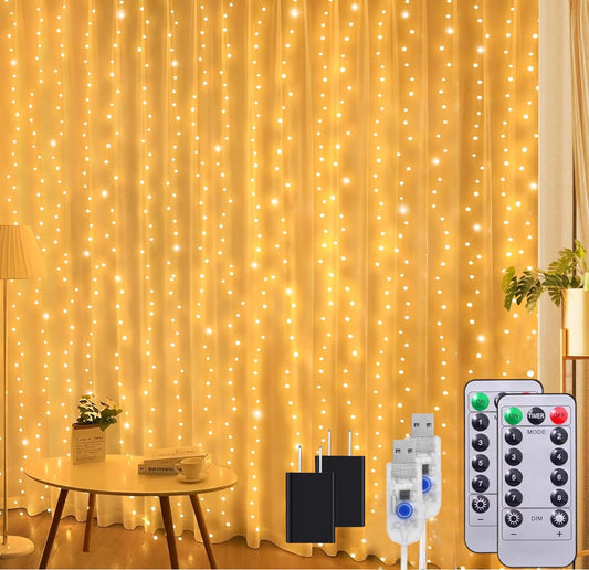 2 Pack Fairy Curtain Lights, Total 600 LED USB Plug in 8 Modes 9.8x9.8Ft Christmas String Hanging Lights with Remote for Bedroom, Indoor, Outdoor, Weddings, Party, Wall, Decorations, Warm White