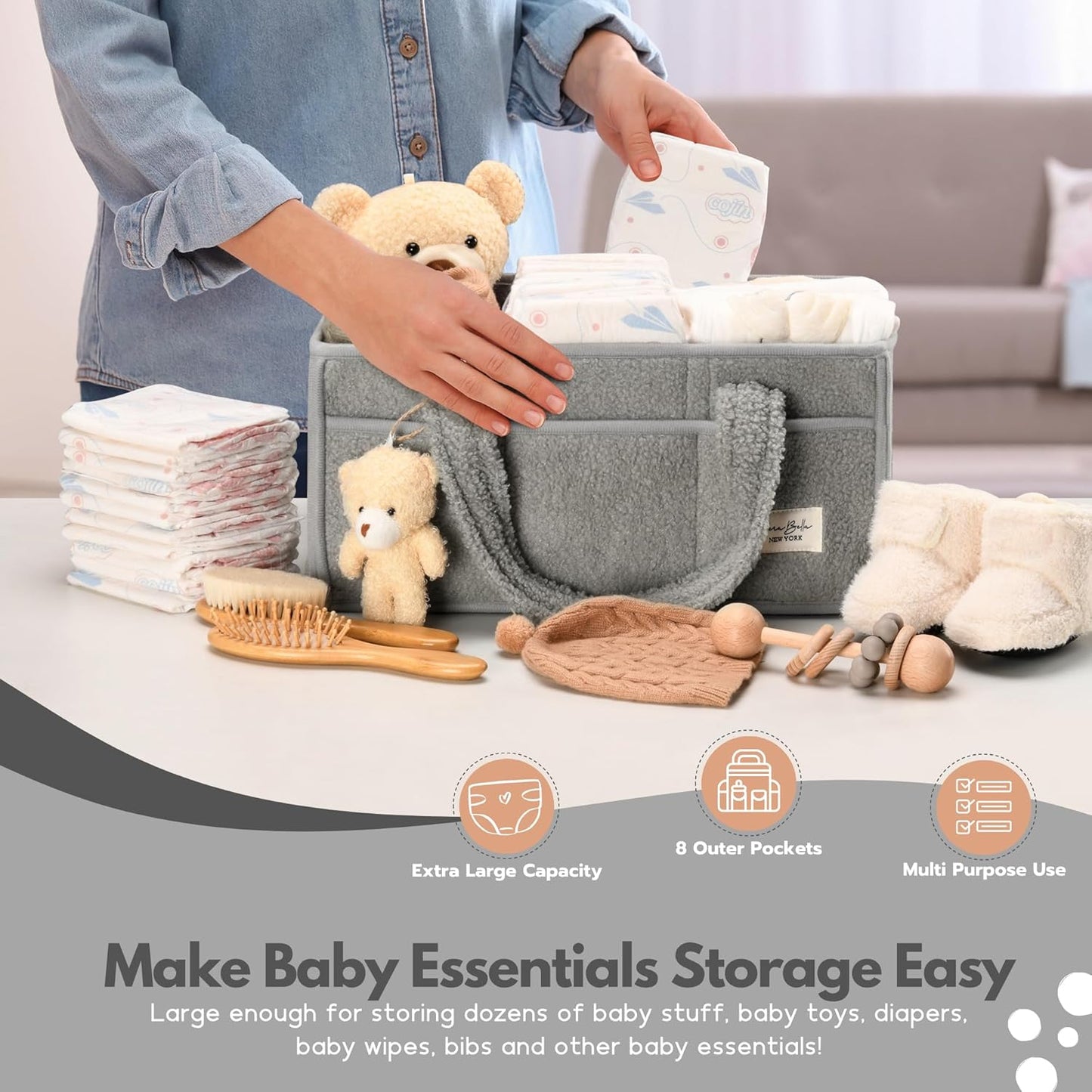 PeraBella Baby Diaper Caddy Organizer, Baby Organizers and Storage for Changing Table, Babies Shower Gift Basket for Boy &Girl, Nursery Essentials Car Caddy Organizer with Handle, White Diaper Basket