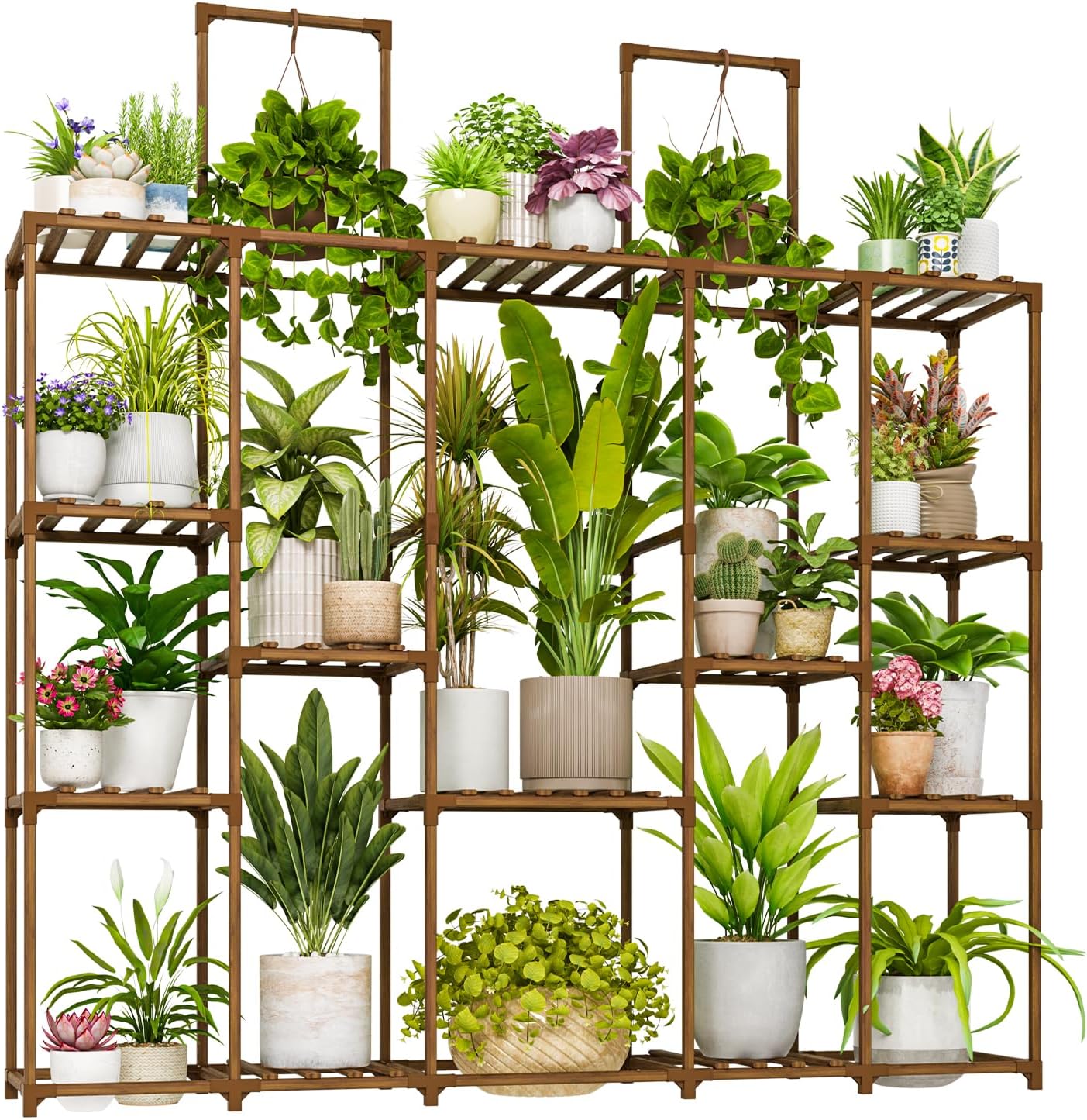 Bamworld Plant Stand Indoor Outdoor Hanging Plant Shelf for Multiple Plants Pots Wood Flower Stand Tall Large Flower Holder for Living Room, Patio, Balcony, Garden Decor, Brown