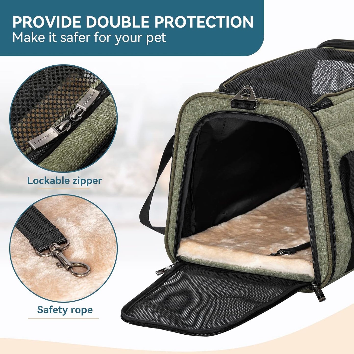 Petsfit Expandable Cat Dog Carrier Airline Approved, 17" L x 11" W x 11" H Soft-Sided Portable Pet Travel Carrier for Kitten, Puppy, Removable Soft Plush Mat and Pockets, Auto-Locking Zippers