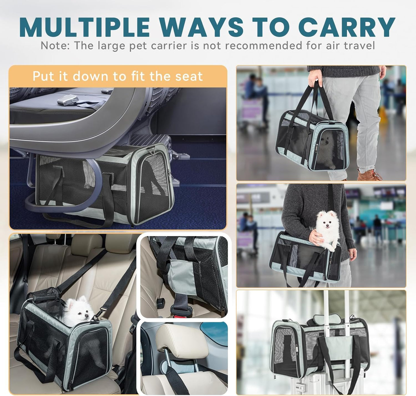 Petsfit Pet Carrier Airline Approved, Soft-Sided Cat Carrier with Patented Car Buckle, Lightweight and Collapsible with Adjustable Shoulder Strap, Soft Cushion,Green