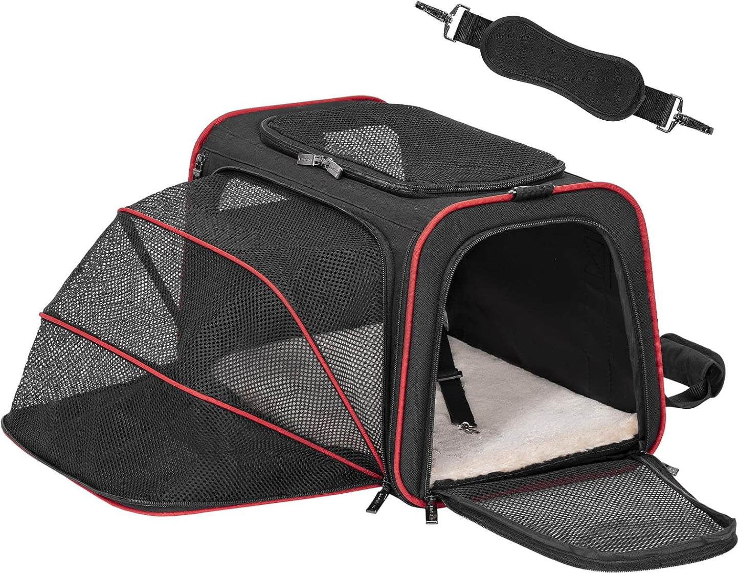 Petsfit Expandable Cat Dog Carrier Airline Approved, 17" L x 11" W x 11" H Soft-Sided Portable Pet Travel Carrier for Kitten, Puppy, Removable Soft Plush Mat and Pockets, Auto-Locking Zippers