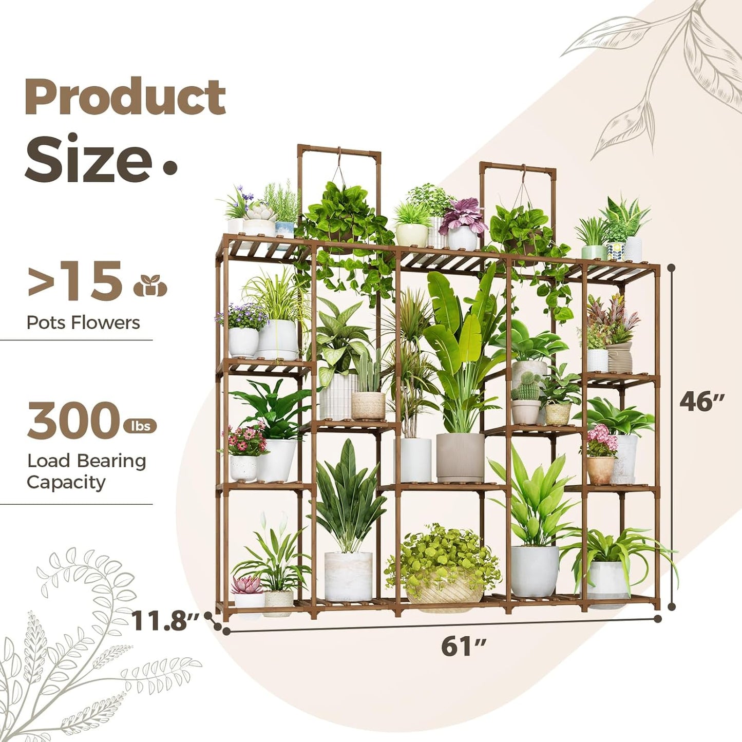 Bamworld Plant Stand Indoor Outdoor Hanging Plant Shelf for Multiple Plants Pots Wood Flower Stand Tall Large Flower Holder for Living Room, Patio, Balcony, Garden Decor, Brown