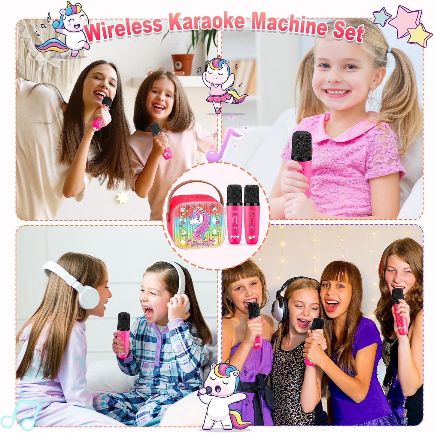 Mini Karaoke Machine for Kids, Exssary 3 4 5 6 7 8-12 Year Old Girl Gifts Portable Bluetooth Speaker with 2 Wireless Microphone Unicorn Toys Birthday Gifts for Girls Kids Teens (Pink)