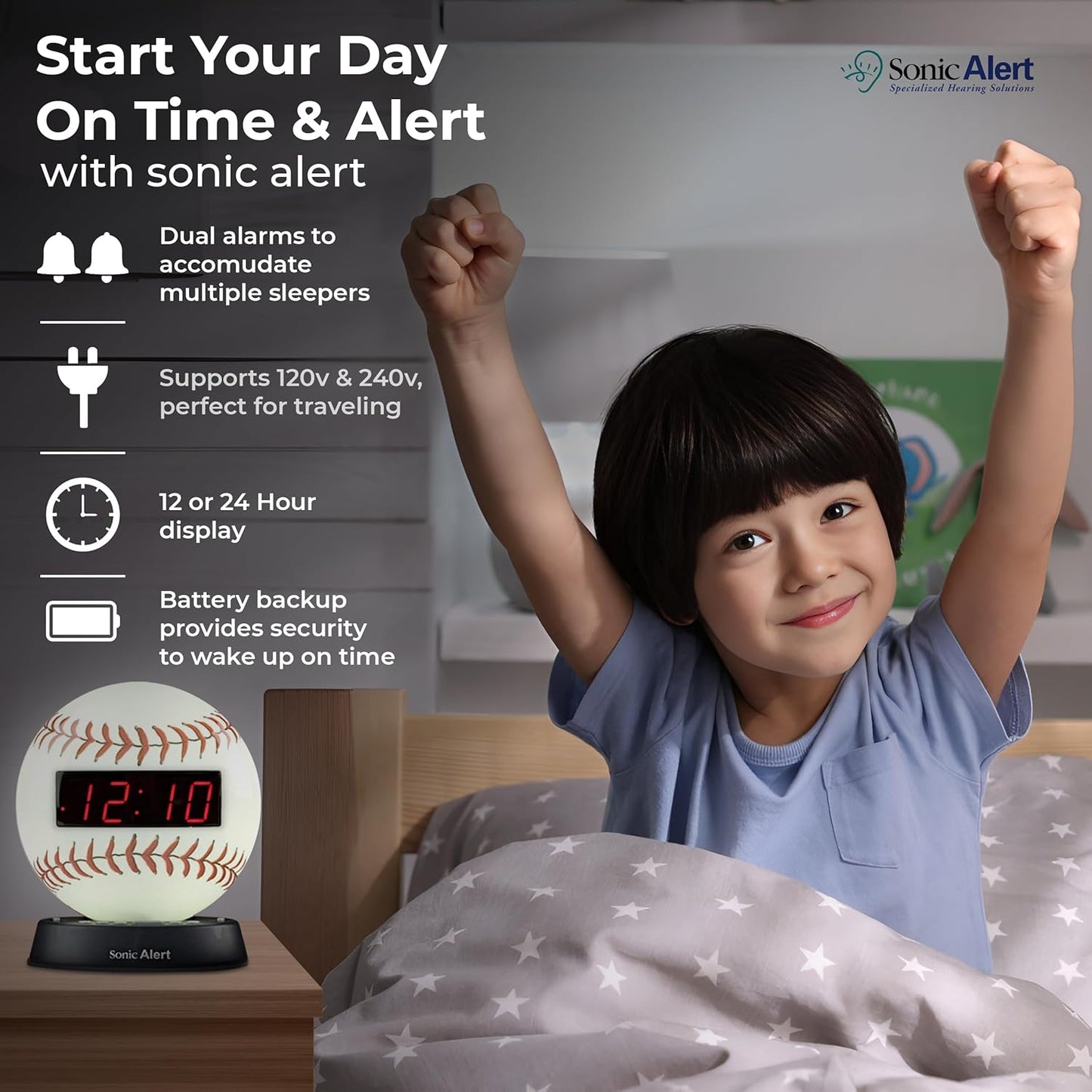 Sonic Alert Baseball Alarm Clock Nightlight for Heavy Sleepers - Loud & Compact Alarm Clock for Bedroom - Battery Backup & Full Range Dimmer - Easy to Set Digital Alarm Clock for Kids - AUX Connection