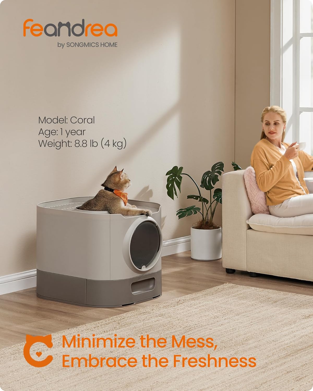 Feandrea Cat Litter Box with Lid, XL Enclosed Litter Box with Slide-Out Tray, Scoop, Brush, for Large Cat, Anti-Tracking, Anti-Leaking, Dove Gray and Slat Gray UPPT002B01