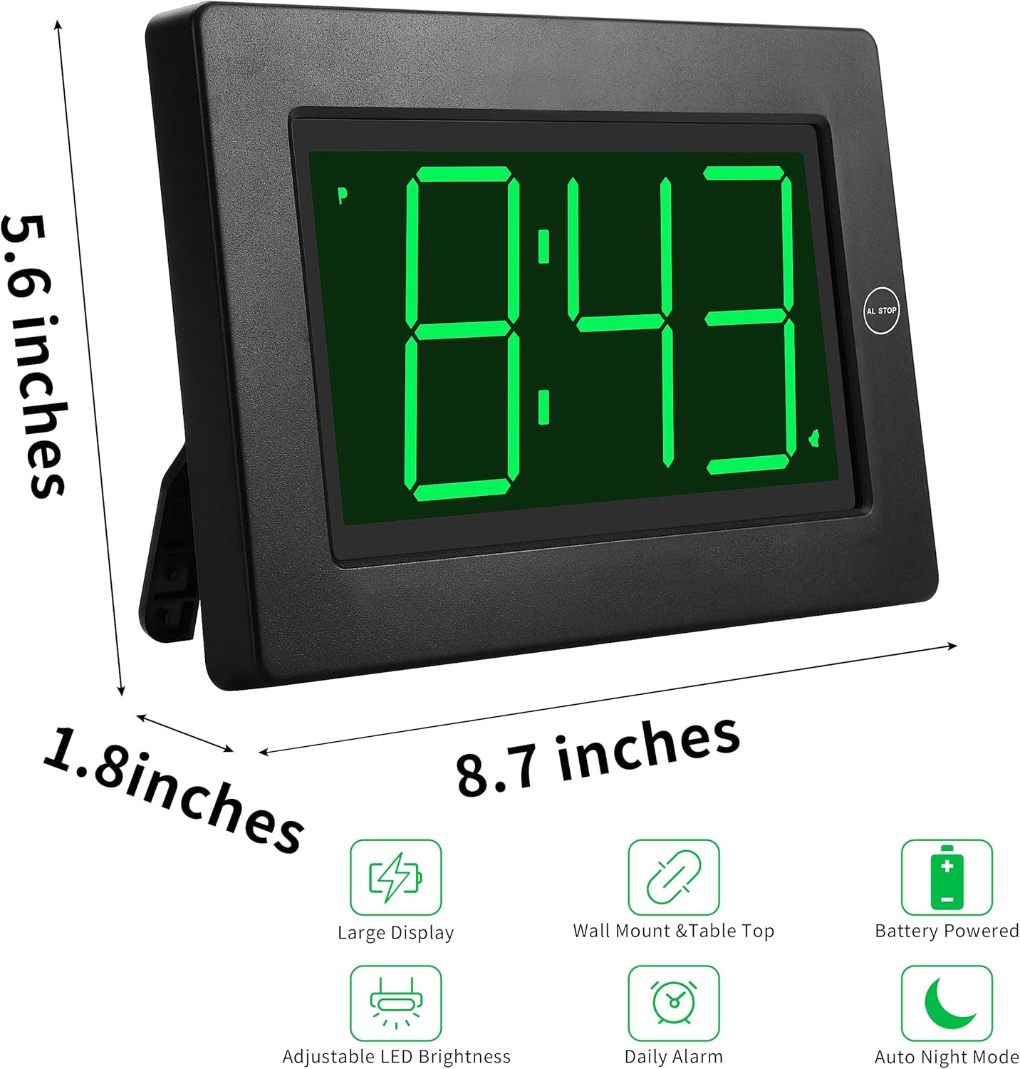 Wall Clock, Digital Clock, 8" Extra Large Display, 3" Big LED Number, Battery Operated, Adjustable Brightness, Clock for Bedroom, for Desk, Wall Mounted