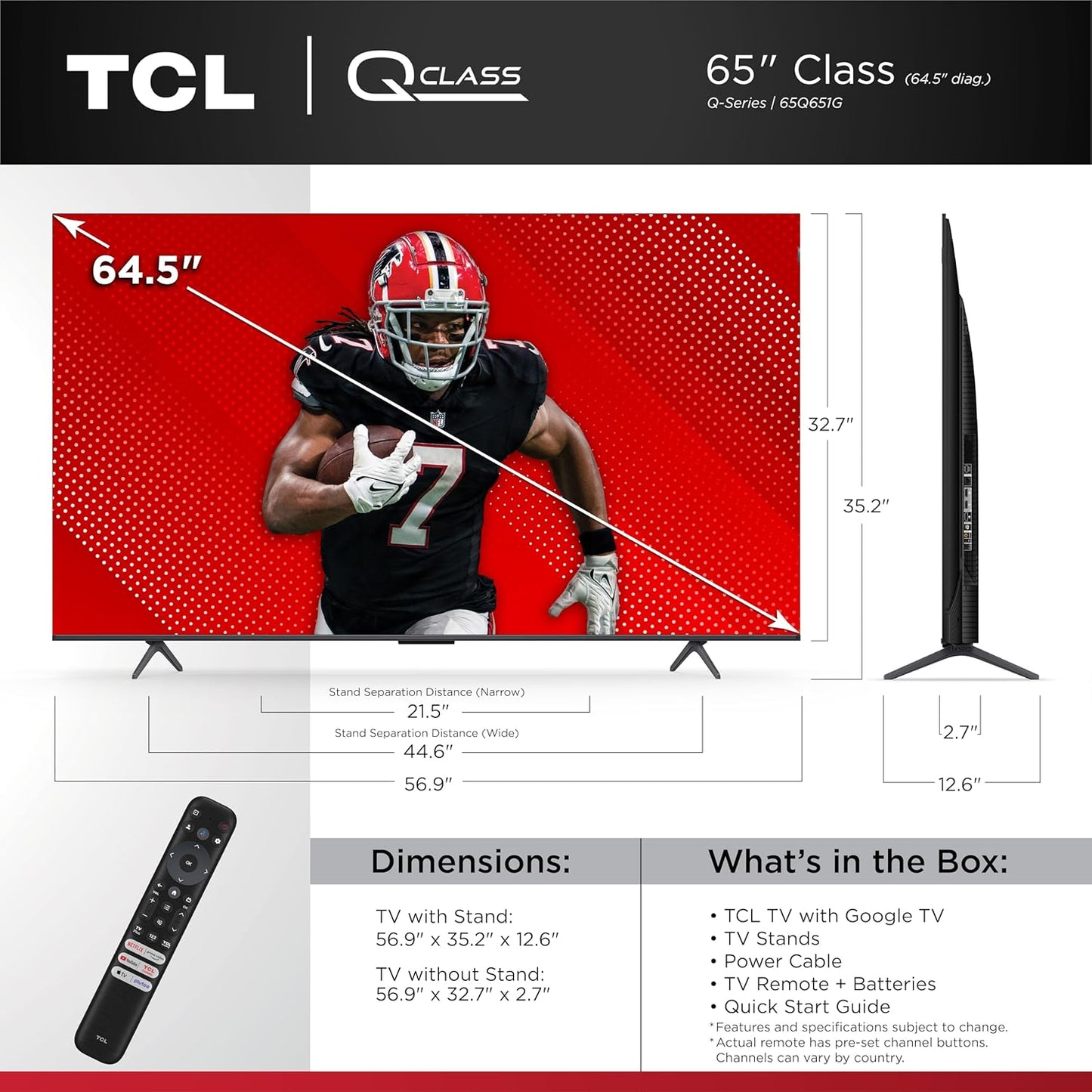 TCL 65-Inch Q65 QLED 4K UHD Smart TV with Google TV (65Q651G-CA, 2024 Model) Dolby Vision, Dolby Atmos, HDR Pro+, Game Accelerator Enhanced Gaming, Voice Remote, Works with Alexa, Streaming Television