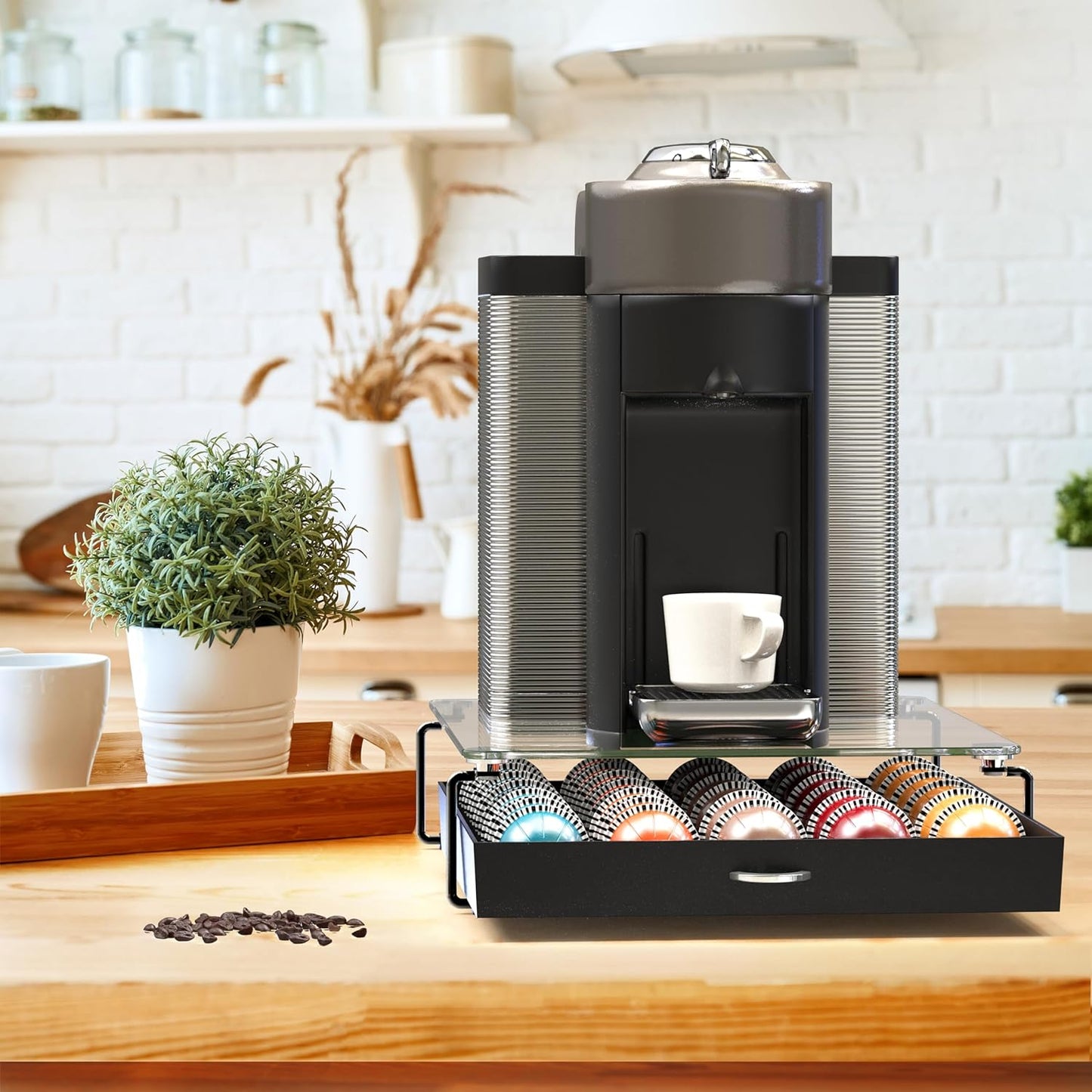 DecoBrothers Vertuo Pod Holder VertuoLine Drawer Storage for Nespresso Coffee Capsules, Crystal Tempered Glass, White
