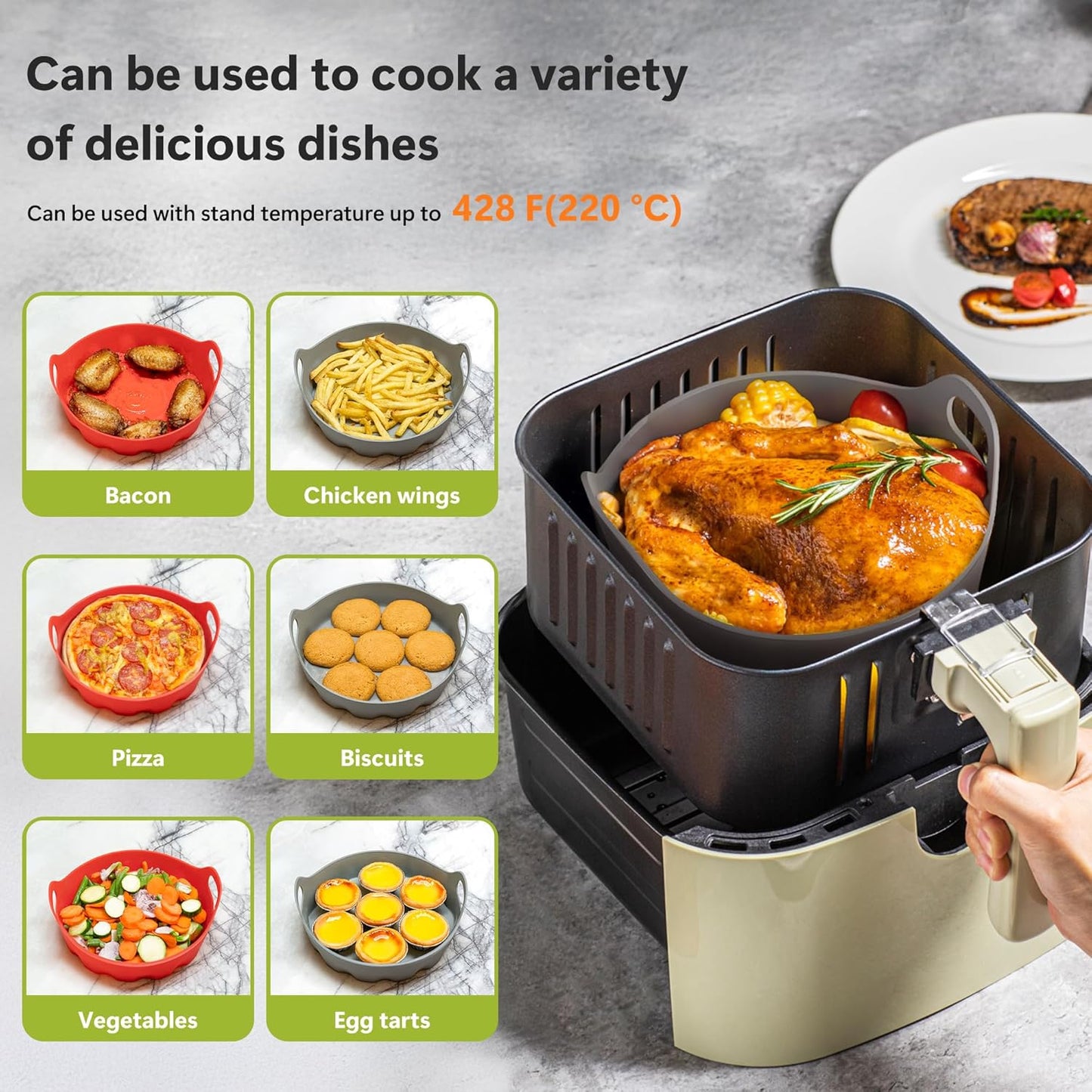 Li&Zhao Silicone Air Fryer Liners Reusable - 2 PCS Round Air Fryer Inserts Air Fryer Accessories 4 to 7 Qt Silicone Liners for Air Fryer Basket(Red & Gray)