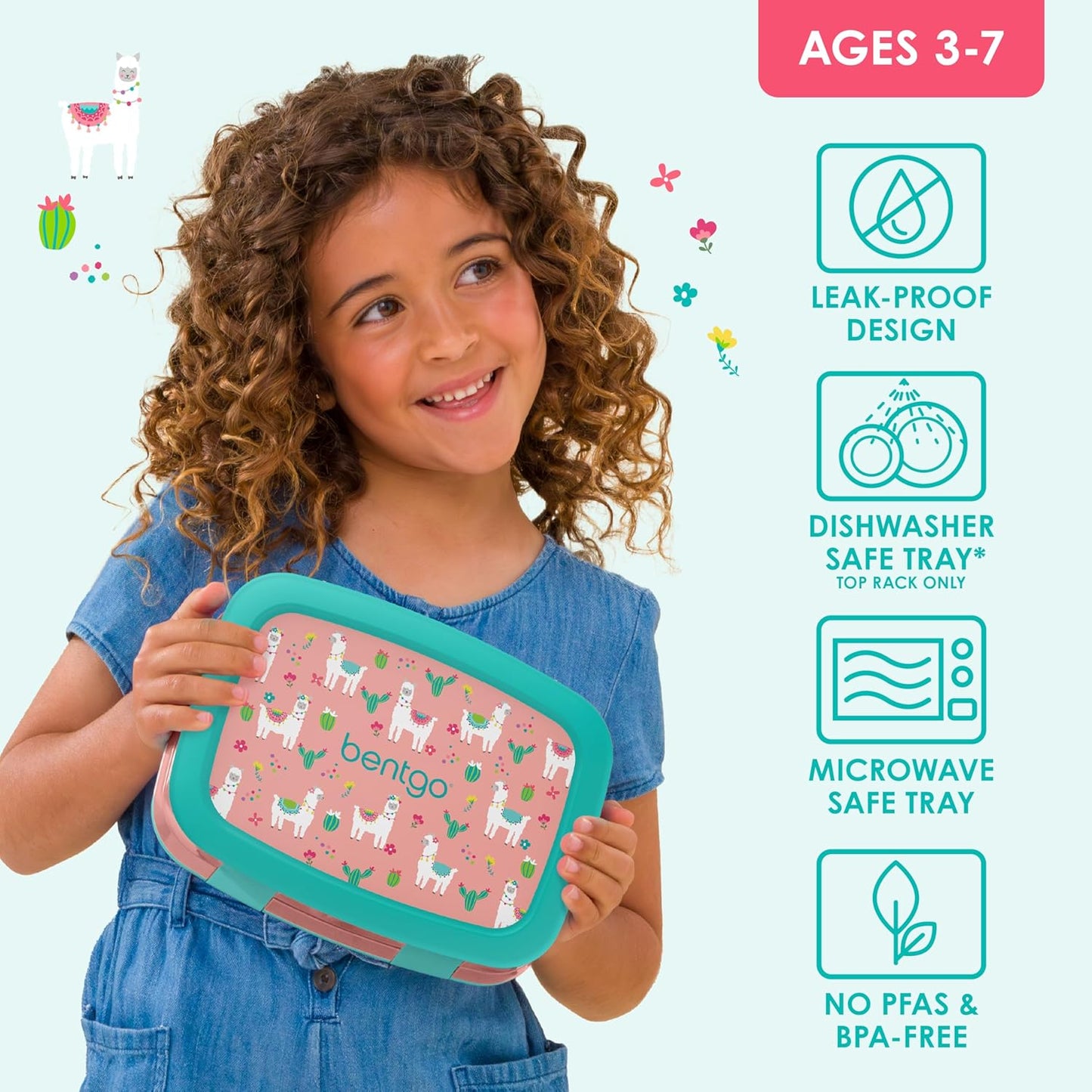 Bentgo Kids Prints Leak-Proof, 5-Compartment Bento-Style Kids Lunch Box - Ideal Portion Sizes for Ages 3 to 7 - BPA-Free, Dishwasher Safe, Food-Safe Materials - 2021 Collection (Llamas)