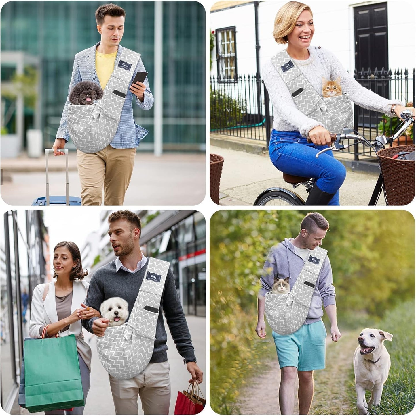 Cuby Adjustable Dog Cat Sling Padded Hard Bottom Pet Carrier Sling Soft Carrying Puppy Bag for Small Dogs Cats Outdoor Travel (Grayish-White)