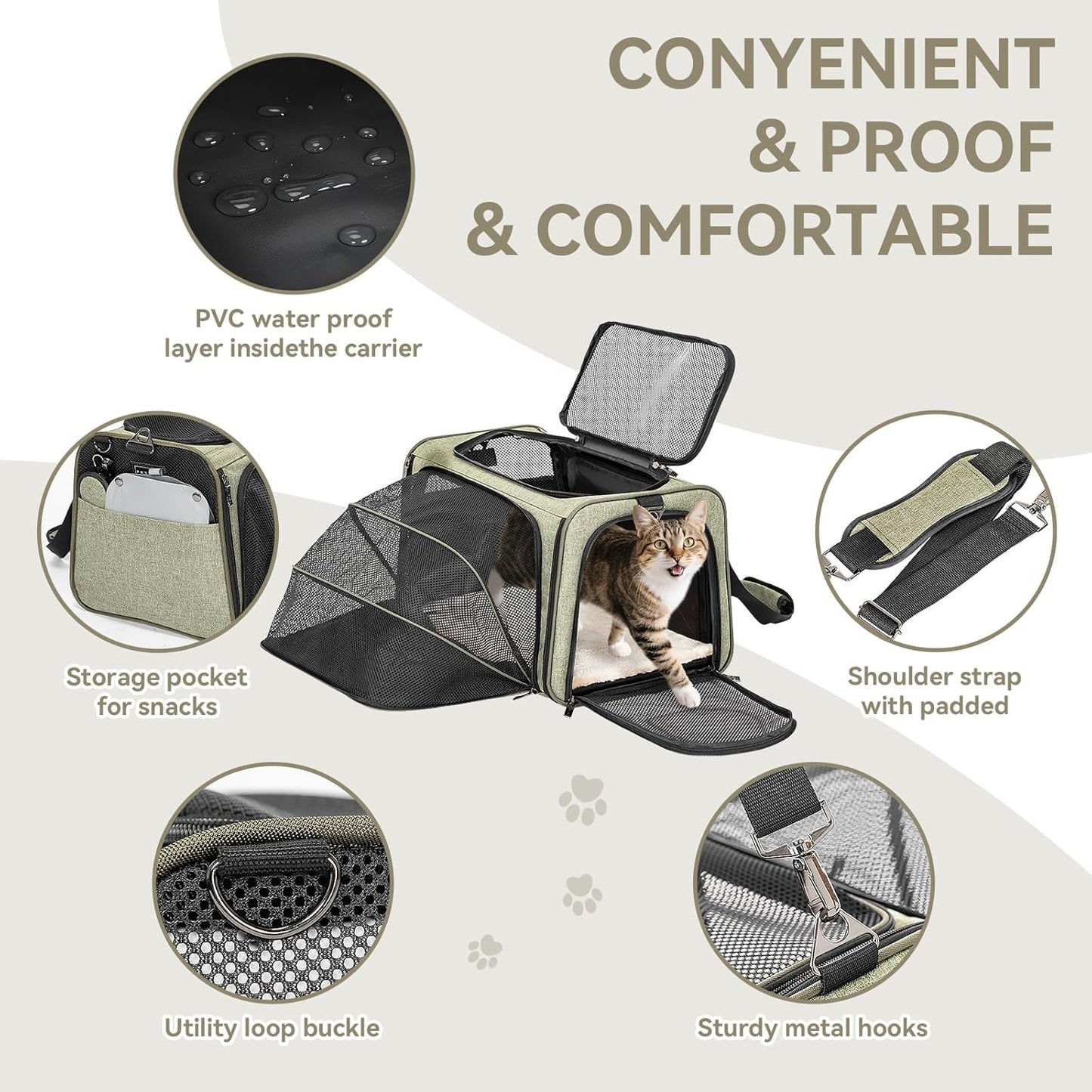 Petsfit Expandable Cat Dog Carrier Airline Approved, 17" L x 11" W x 11" H Soft-Sided Portable Pet Travel Carrier for Kitten, Puppy, Removable Soft Plush Mat and Pockets, Auto-Locking Zippers