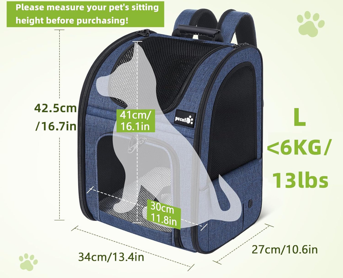 Pecute Pet Carrier Backpack, Dog Carrier Backpack Expandable with Breathable Mesh for Pets <6kg, Pet Backpack Carrier for Hiking Travel Camping Outdoor