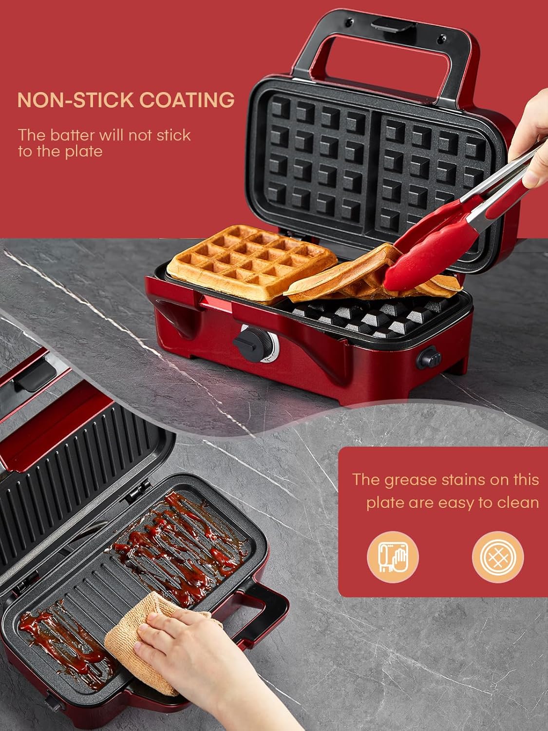 FOHERE 3-in-1 Waffle Maker, Sandwich Maker, Panini Press with Removable Plates, 5-Gear Temperature, LED Indicator Lights, Portable Handle, 1200W Belgian Electric Grill Cheese Machine