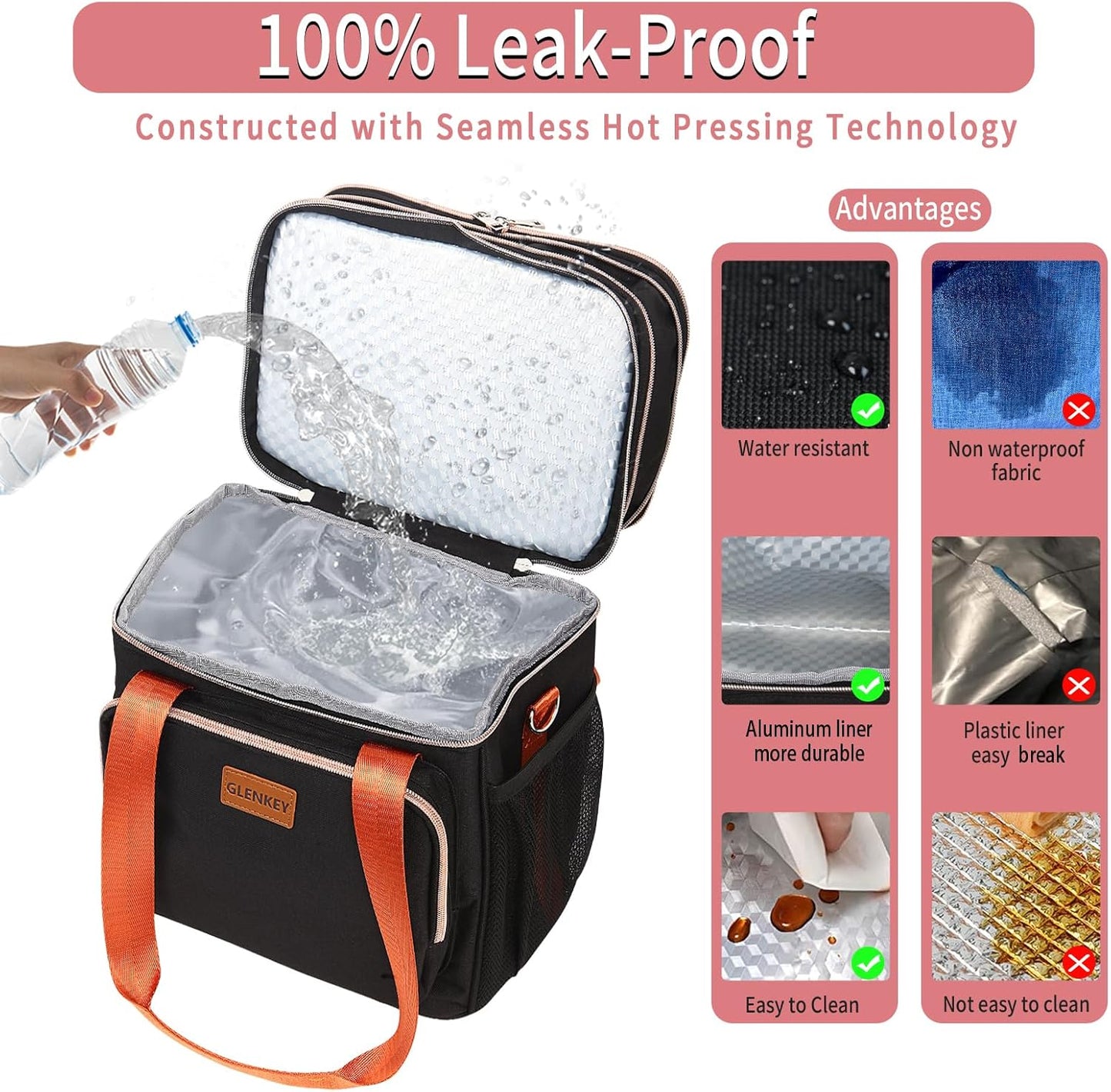 Expandable Large Lunch Bag, Double Deck Insulated Lunch Box Leakproof Durable Soft Cooler Bag for Men Women Adults Work Construction Beach Picnic Daytrip,16L,Black, GLENKEY