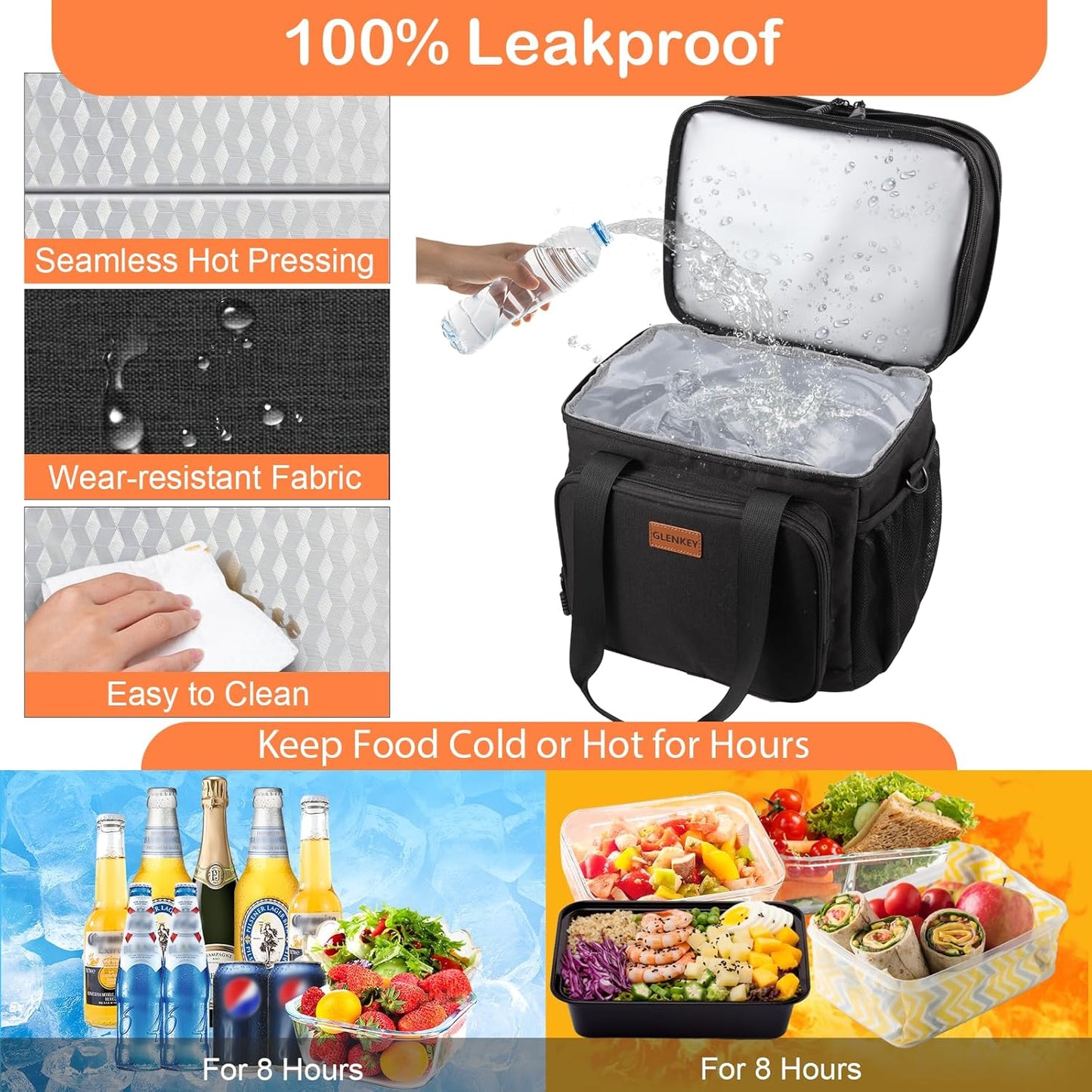 Expandable Large Lunch Bag, Double Deck Insulated Lunch Box Leakproof Durable Soft Cooler Bag for Men Women Adults Work Construction Beach Picnic Daytrip,16L,Black, GLENKEY