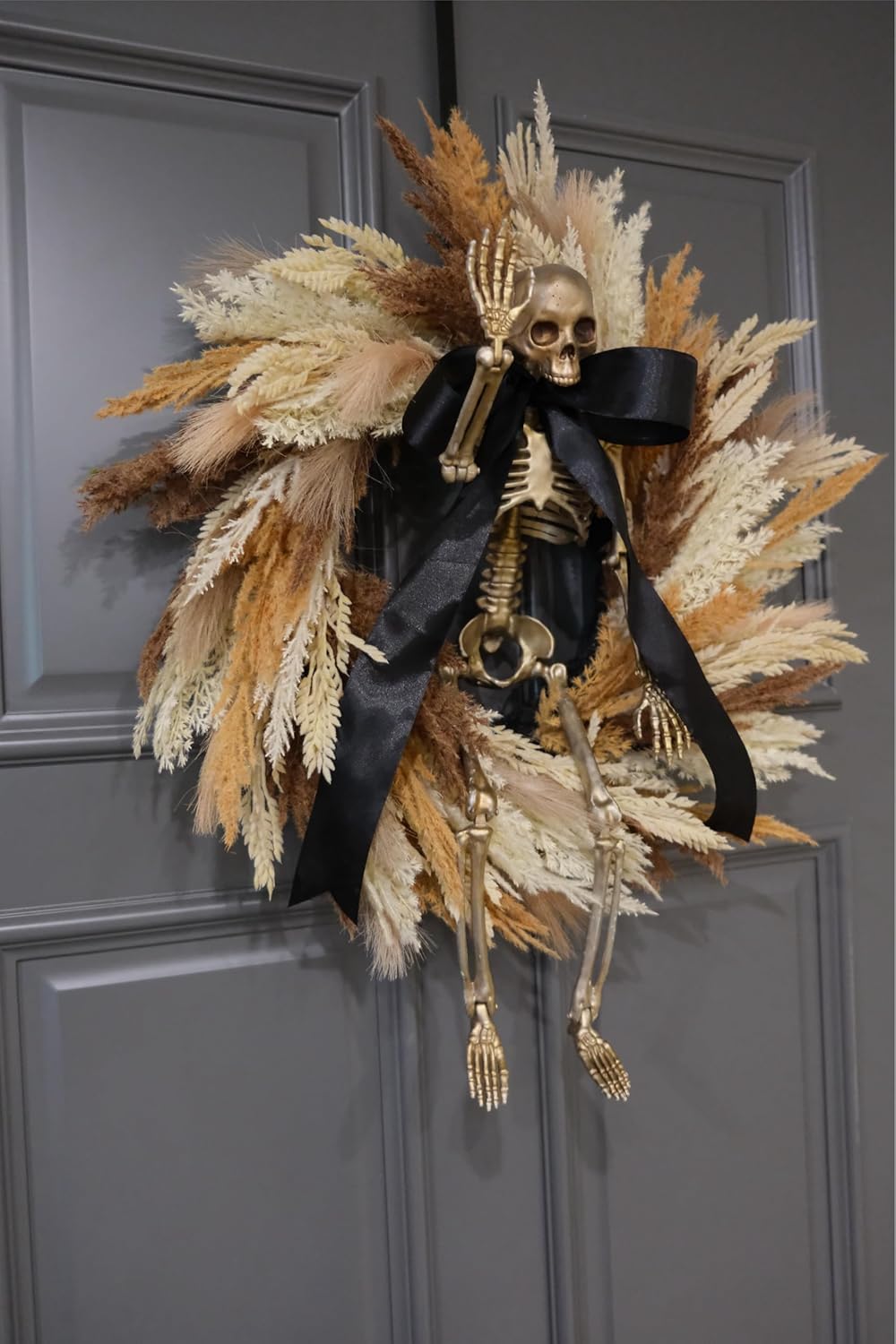 FLOROAD 24" Halloween Wreath for Front Door with Gold Skull Skeleton, Black Bow, Artificial Wheat and Pampas Grass - Fall Halloween Holiday Scary Gothic Decoration for Home Door Wall