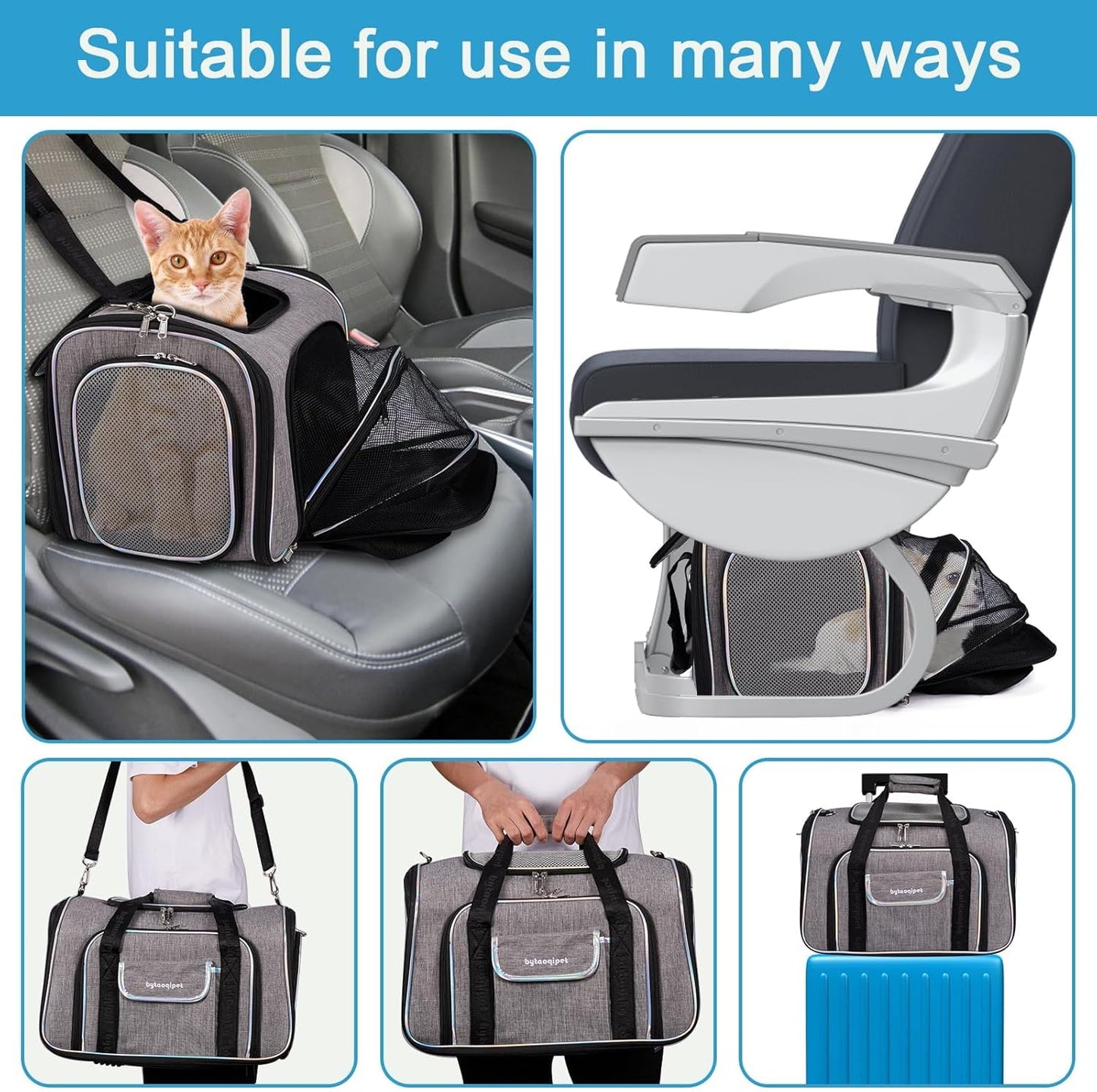Cat Travel Bag 4 Sides Expandable Pet Carrier Airline Approved Folding Soft Sided Transport Tote Bag for cat