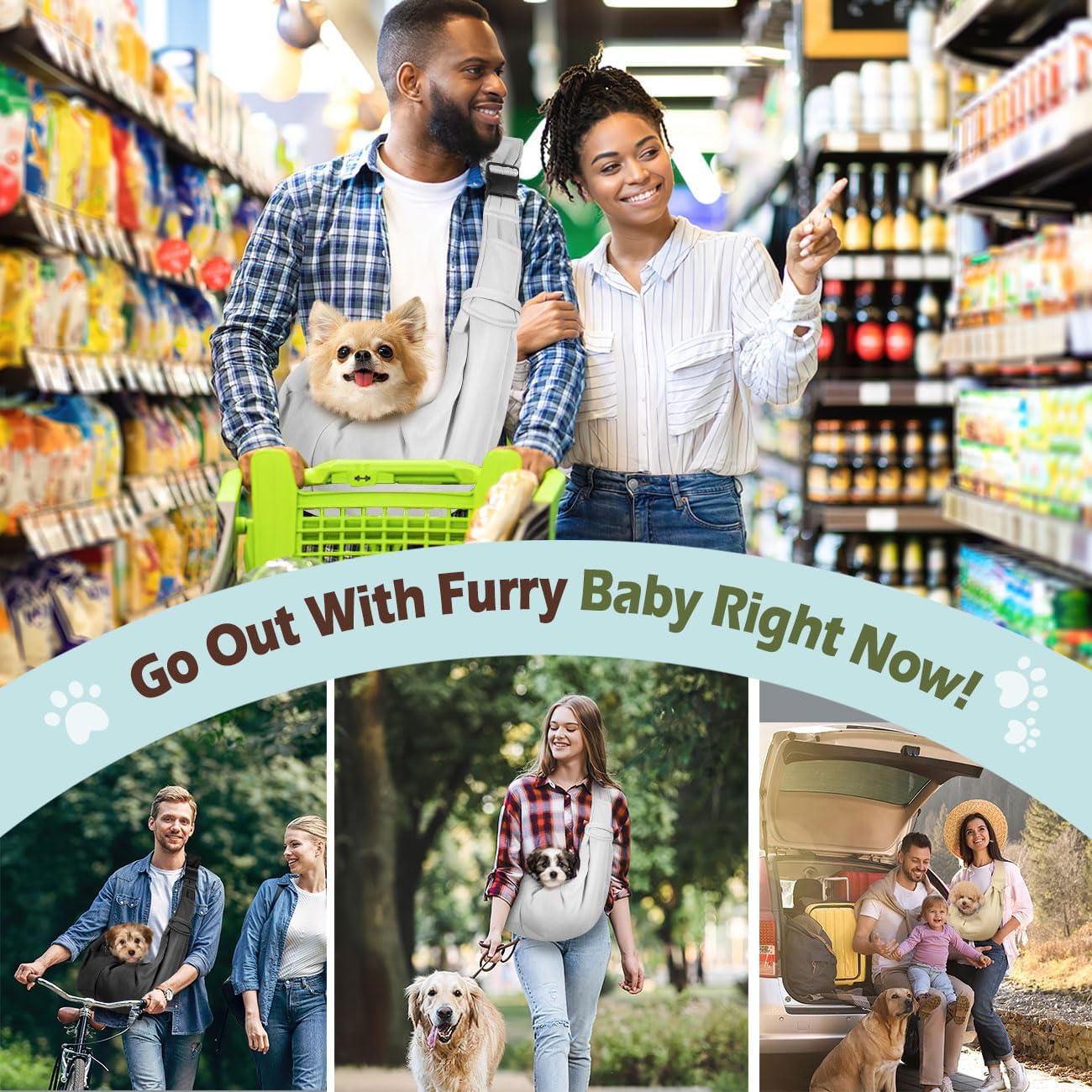 Pawaboo Small Dog Sling Carrier, Reversible Hands Free Dog Sling Carrier for Small Dogs and Cats, Puppy Sling Carrier with Adjustable Strap Buckle & Safety Harness, Puppy Essentials, Grey