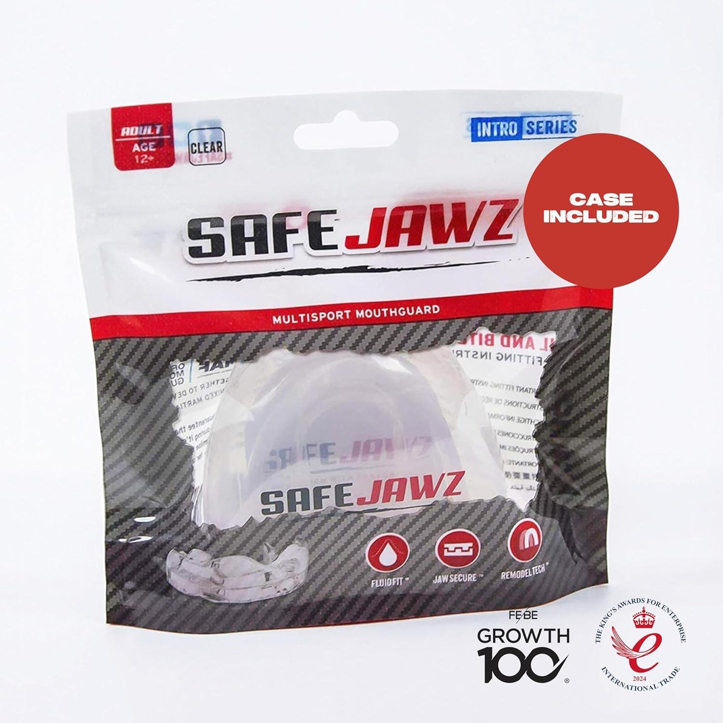 SAFEJAWZ Mouthguard Strapless Slim Fit, Adults and Junior with Case for Boxing, Basketball, Football, MMA, Martial Arts, Hockey and All Contact Sports (Adults (12+ Years), Black)