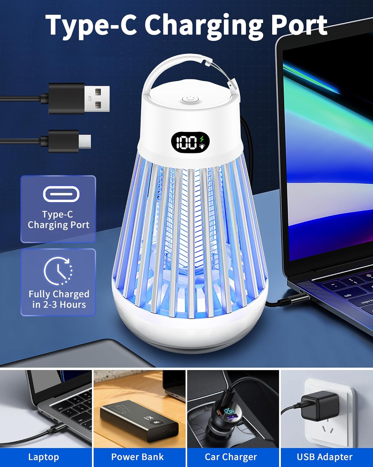 Eachway Bug Zapper Outdoor, 2 in 1 Powered Mosquito Zappers Killer with 2000mAh Battery & LED Light, 2000V Electric Fly Zapper, Waterproof Insect Zapper for Backyard, Patio (Black)