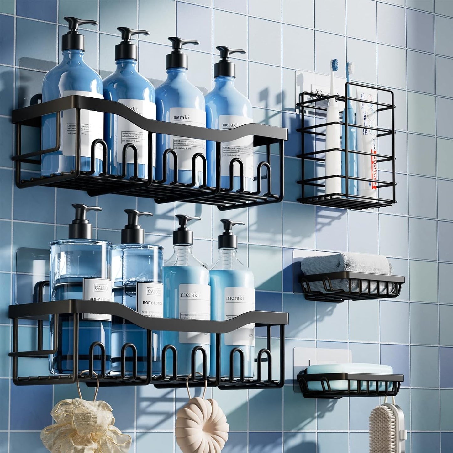 EUDELE 5-Pack Rustproof Stainless Steel Shower Caddy – No Drill Adhesive Bathroom Organizer with Large Capacity, Spacious Shower Shelves for Inside Shower, Kitchen & Home Decor Storage - PuriLite