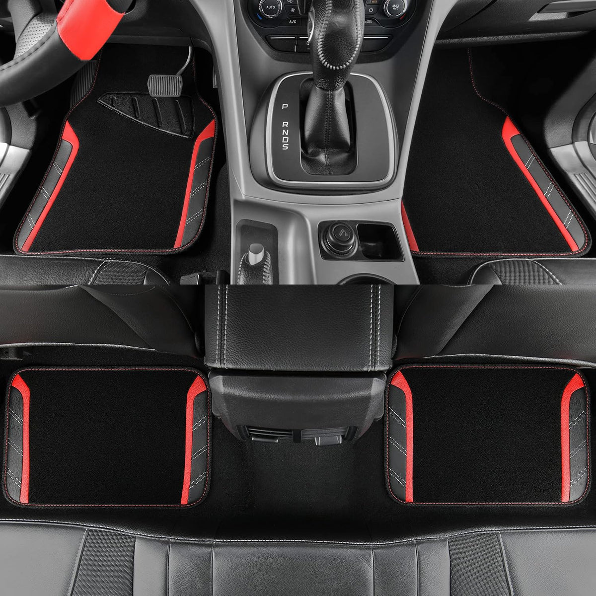 CAR PASS Leather Steering Wheel Cover and Waterproof Car Floor Mats,Microfiber Universal Car Combo Fit for 95% Sedan,SUV,Cars,14.5-15inch Sporty Anti-Slip Safety Comfortable Design(Black&Red)