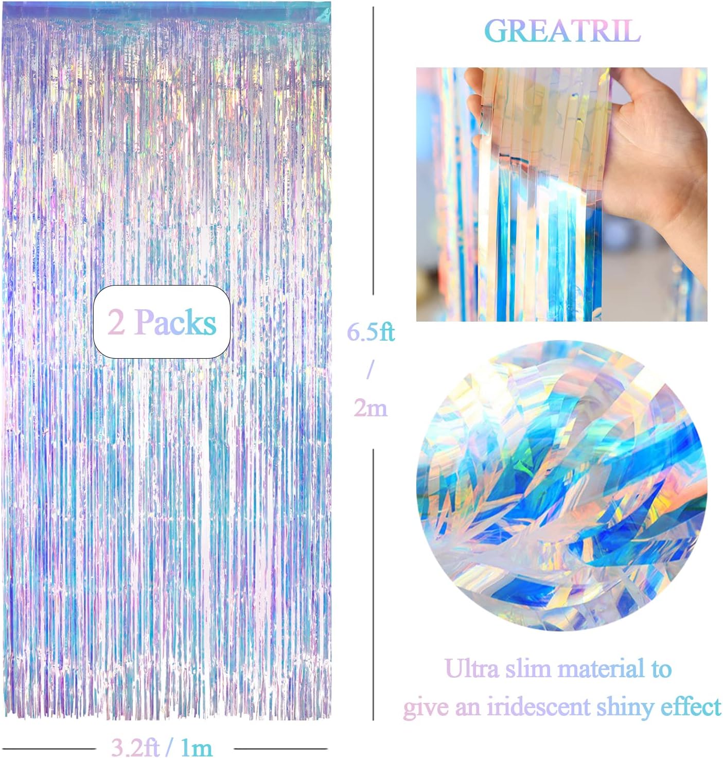 GREATRIL Iridescent Party Tinsel Fringe Backdrop Decorations - Holographic Foil Streamers Curtain for Mermaid/Under The Sea/Frozen/Ocean/Disco/Birthday Themed 3.2ft x 6.5ft - 2 PCS