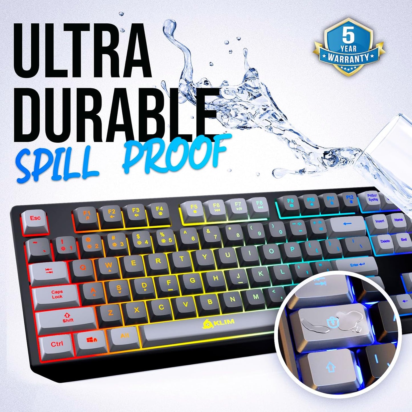 KLIM Chroma Wireless Gaming Keyboard RGB New - Long-Lasting Rechargeable Battery - Quick and Quiet Typing - Water Resistant Backlit Wireless Keyboard for PC PS5 PS4 Mac - Black