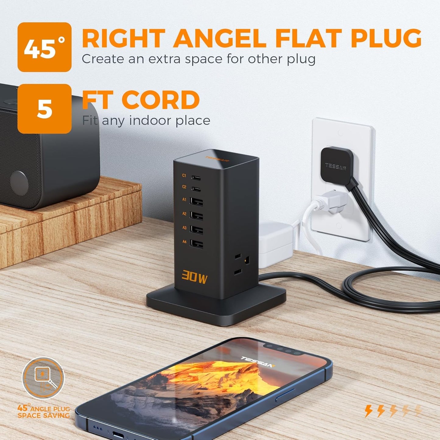 Charging Station, TESSAN 65W Max GaN USB C Charger Block, 6-Ports and 3 AC Outlets Power Tower, Fast Charging for Multiple Devices, Compatible with iPhone, Samsung and More