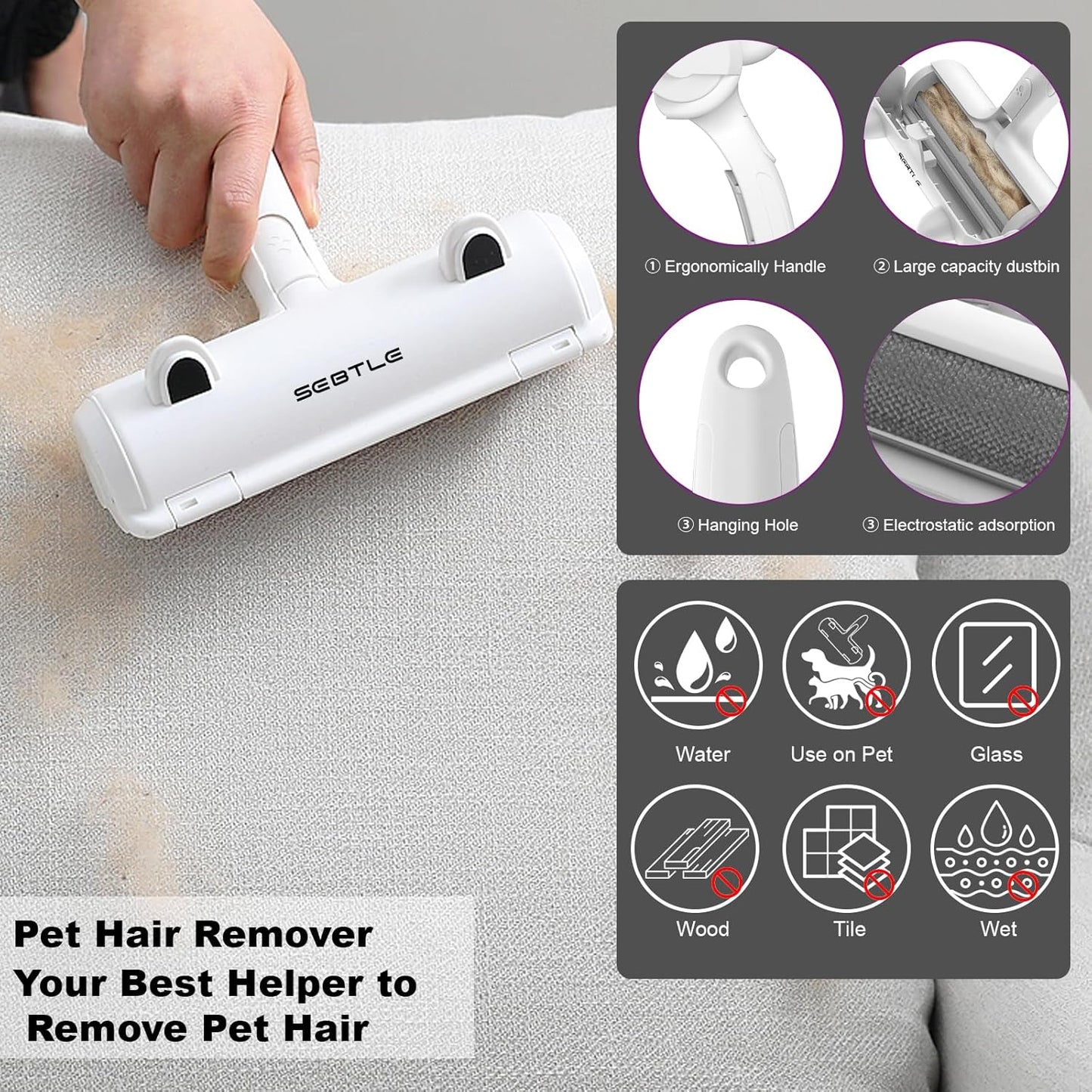 Sebtle Pet Hair Remover Roller,Reusable Animal Hair Removal Brush for Dogs and Cats,Lint Remover Easy to Clean Pet Fur from Carpet,Sofa,Bedding,Furniture and Rugs-Grey