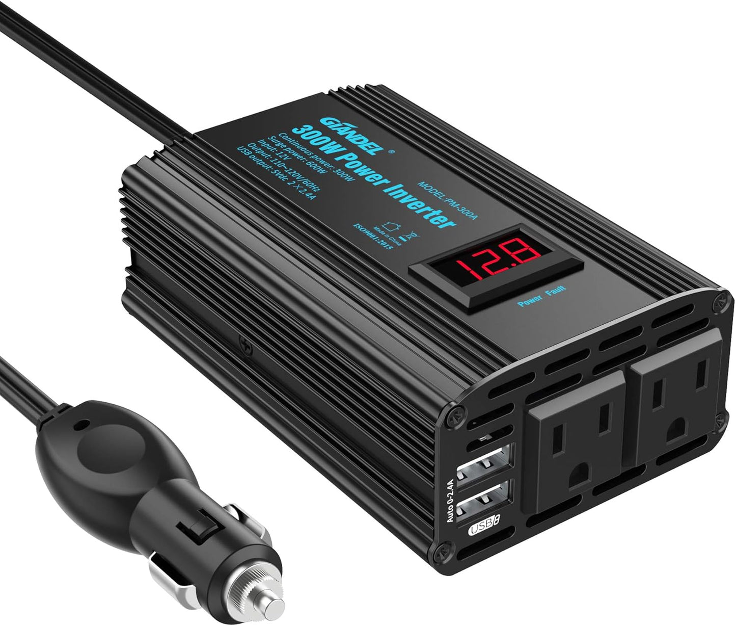 300W Power Inverter DC 12V to AC 120V Car Power Converter Adapter with 2x2.4A USB Ports and LED Display Dual AC Outlets【3YRS Warranty】 Black