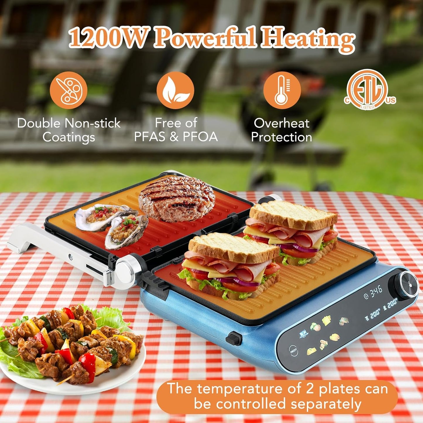 COSTWAY Panini Press, 1200W Sandwich Maker with LED Touch Panel, Non-Stick Coated Plates & Removable Drip Tray, 180 Degrees with 7 Grilling Modes for any Thickness for Quesadillas, Burgers & More