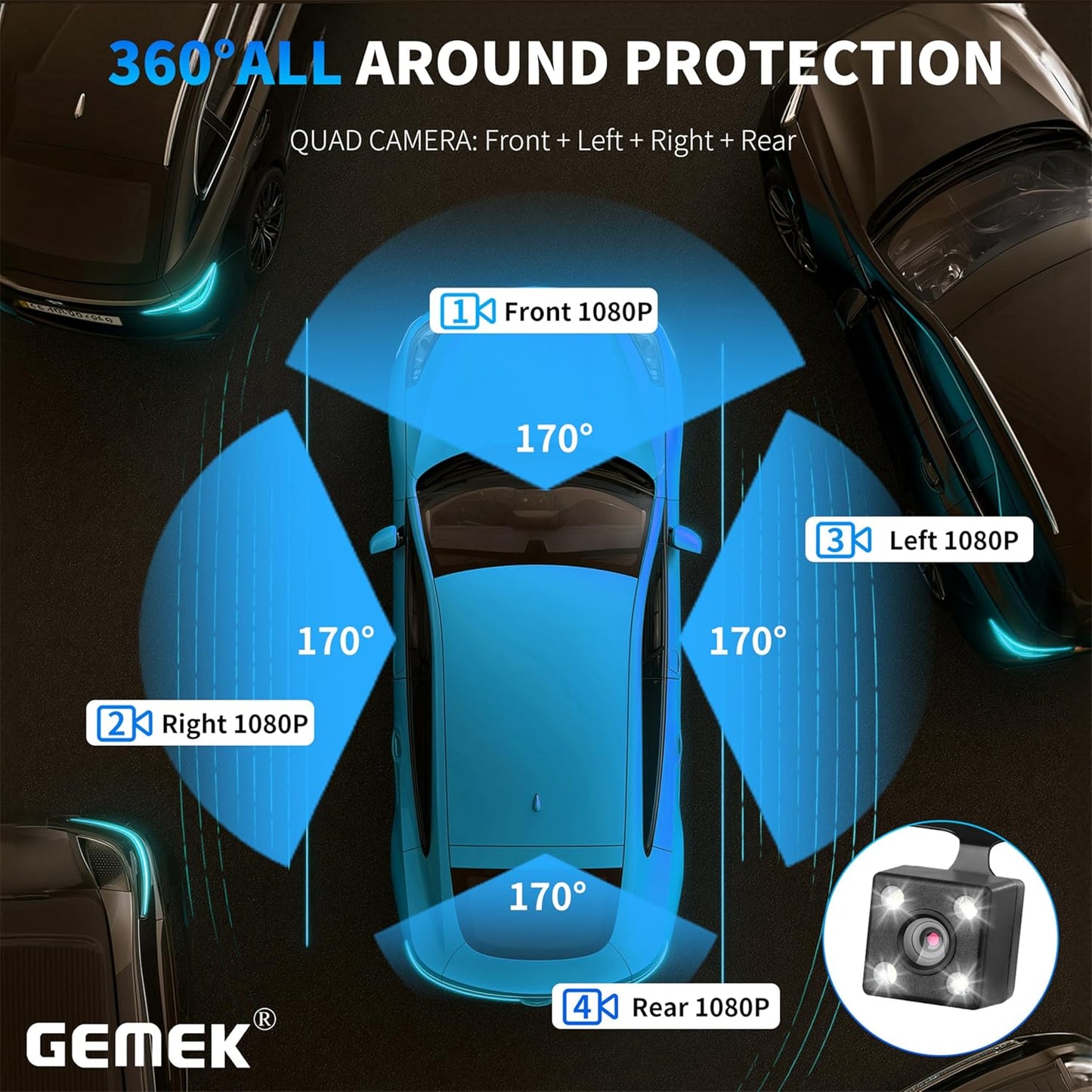 4 Channel Dash Cam 360° View 5G WiFi & APP Control, GEMEK 2K Front and Rear Inside, Left Right Dash Camera for Cars Free 64GB TF Card, G-Sensor, Night Vision, 24H Parking Mode