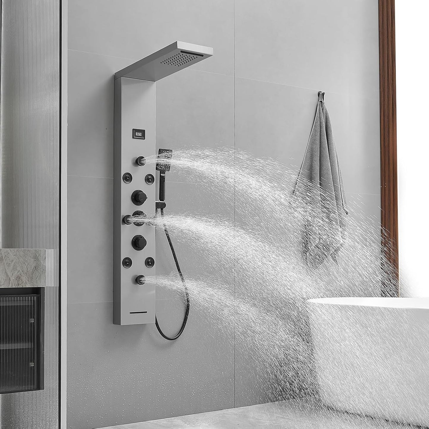 Bathfinesse Shower Tower Bathroom Shower Panel System Rain Massage System 6 in 1 Body Spray Jets Shower Wall Panels Rainfall Waterfall Shower Head Tub Spout with Temperature Display,Matte Black