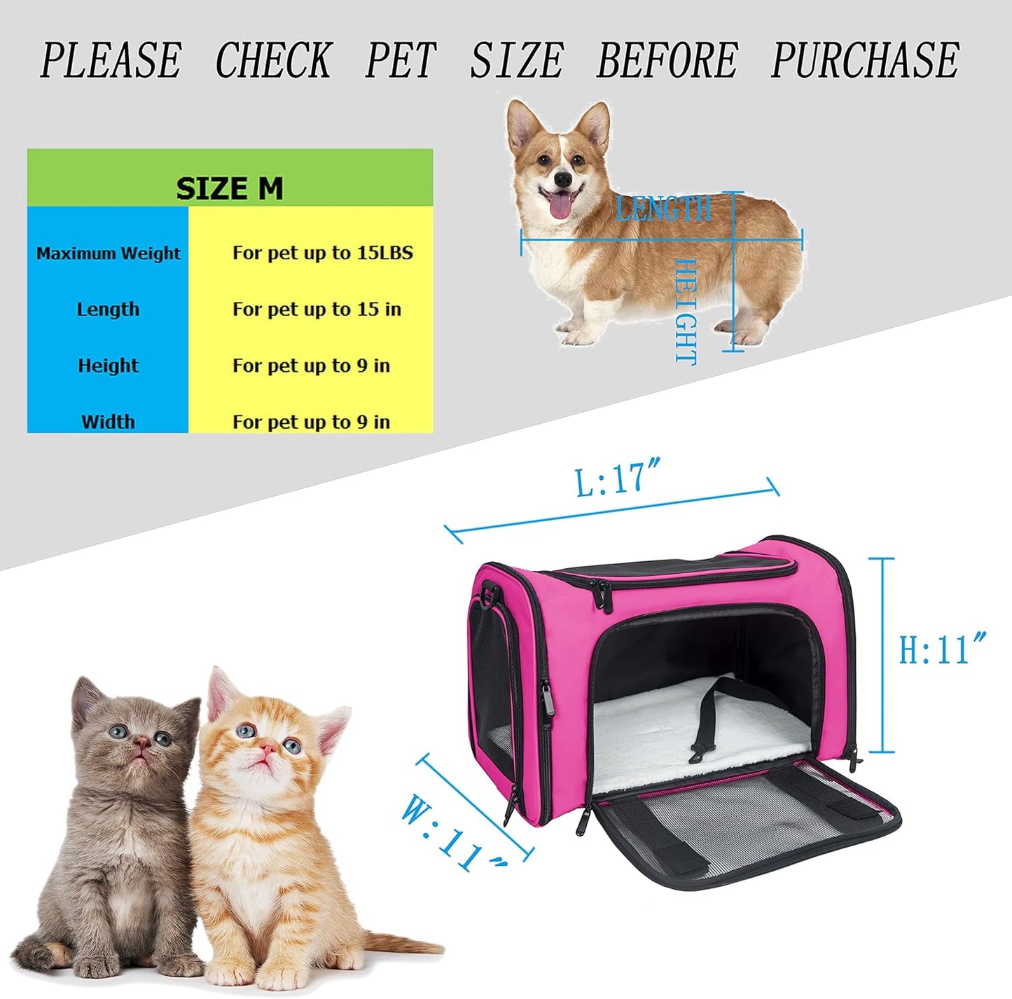 NextFri Soft Sided Carrier for Cats Dogs,TSA Airline Approved Collapsible Travel Pet Carrier (Magenta, Medium)