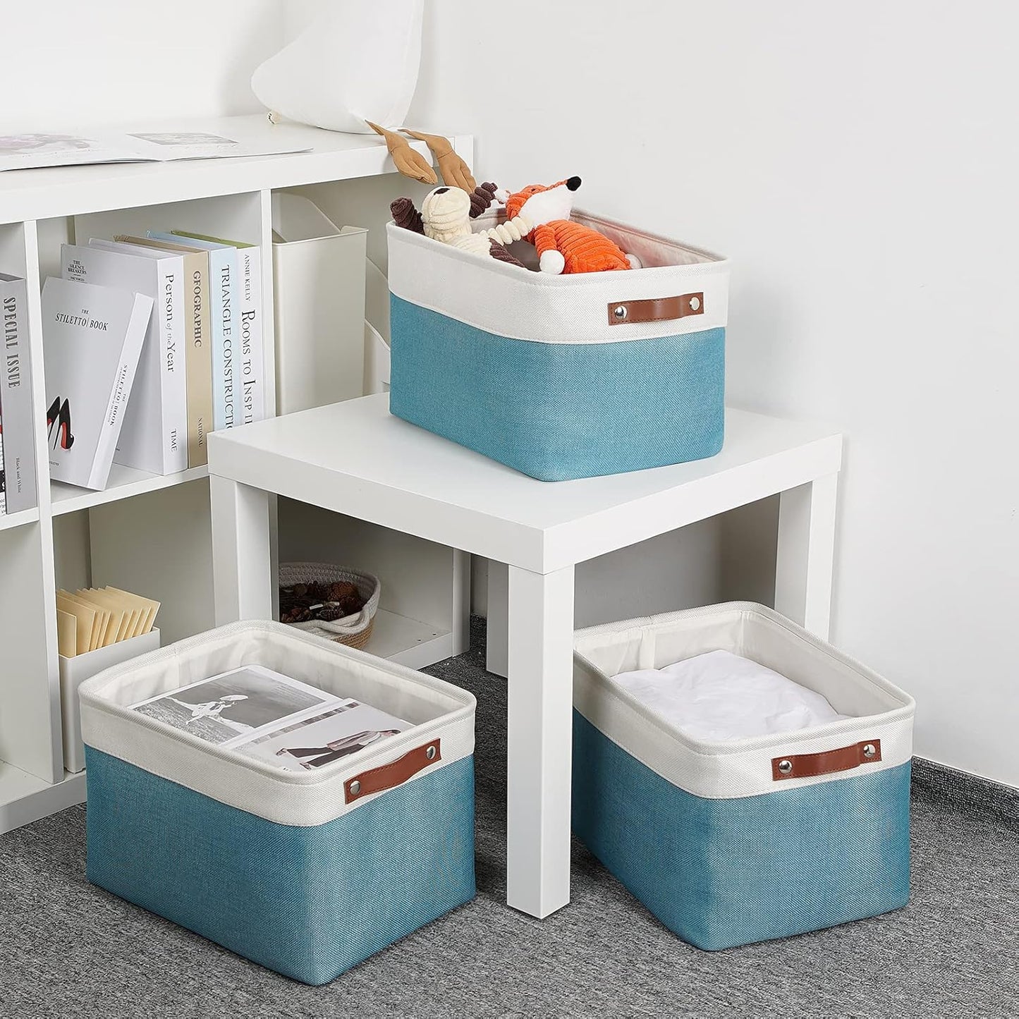 DULLEMELO Storage Baskets for Shelves, Fabric Collapsible Rectangular Storage Bins for Shelves, Closets, Nursery, Home, Office, Empty Gift Baskets (White&Teal)