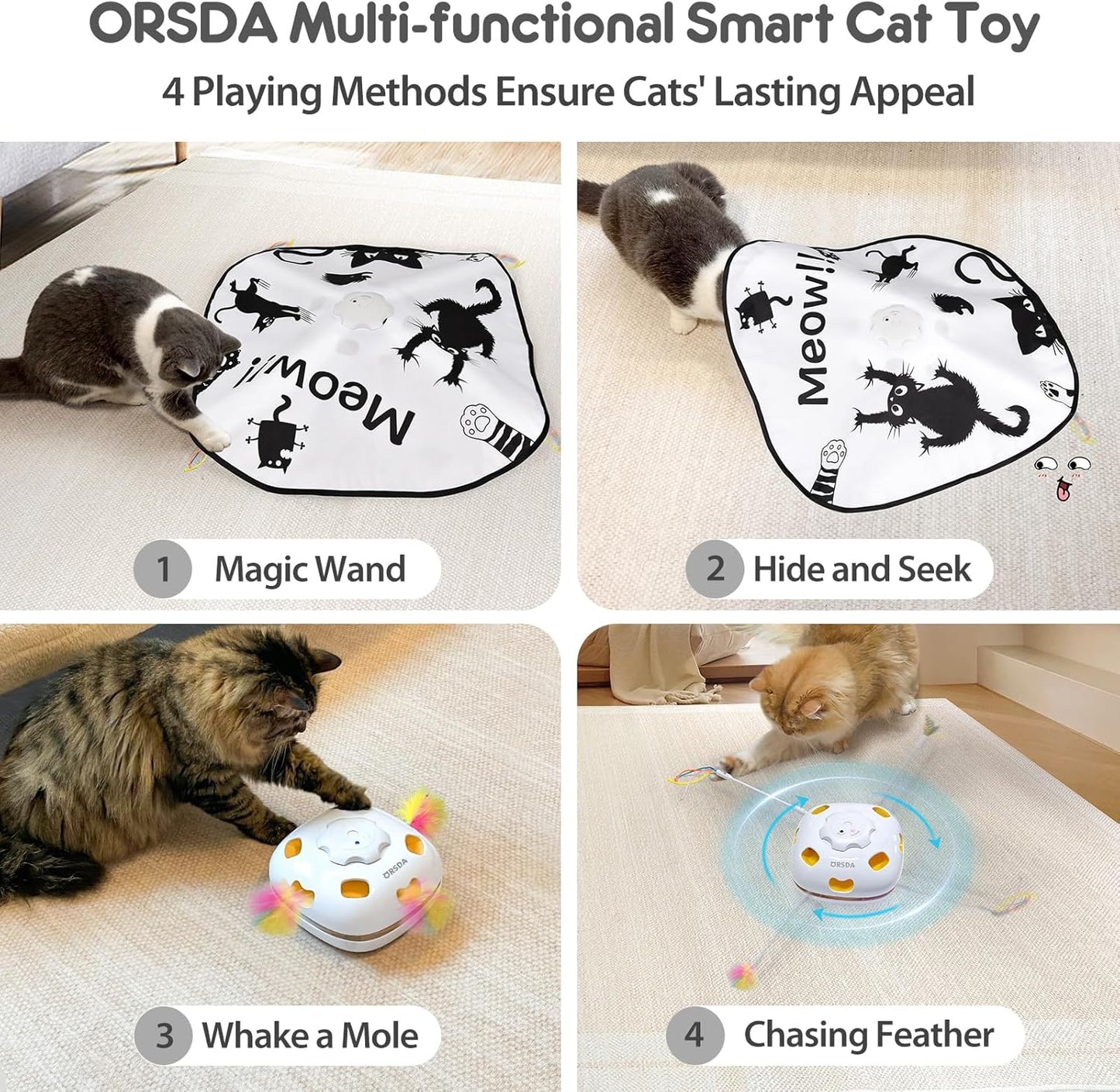 ORSDA Cat Toys Interactive, 4 in 1 Automatic Cat Toy, Hide and Seek, Whack a Mole, Magic Wand, Chasing Feather, with 4 Replacements, USB Rechargeable, for All Breed Sizes