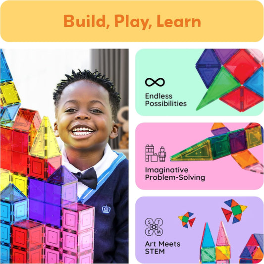 PicassoTiles 100 Piece Set 100pcs Magnet Building Tiles Clear Magnetic 3D Building Blocks Construction Playboards, Creativity beyond Imagination, Inspirational, Recreational, Educational Conventional - PuriLite