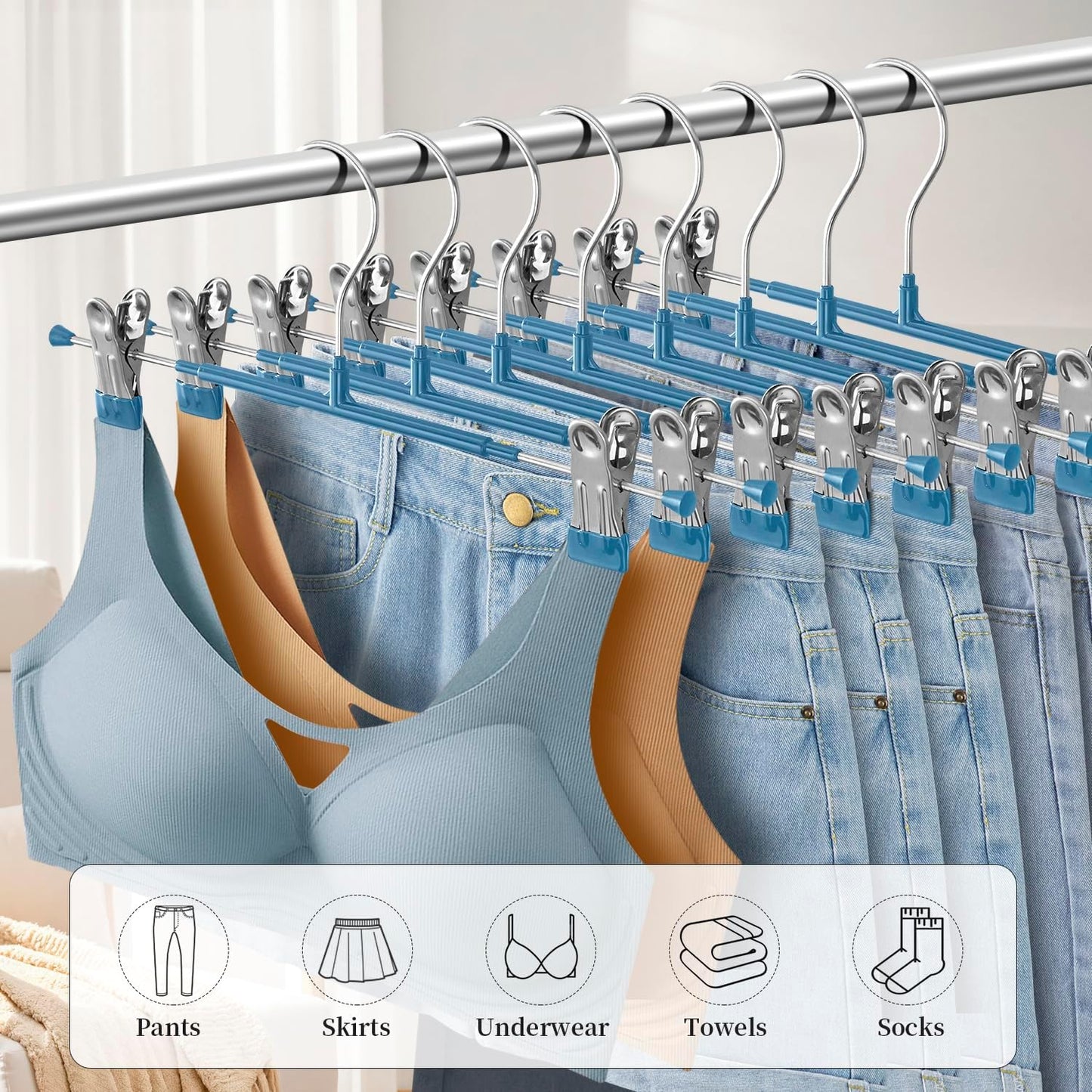 14Inch Black Pants Hangers with Clips 10 Pack Adjustable Skirt Hangers for Women Non-Slip Trousers Hanger for Jeans Clothes Hangers for Pants Heavy Duty Space Saving Shorts Hangers
