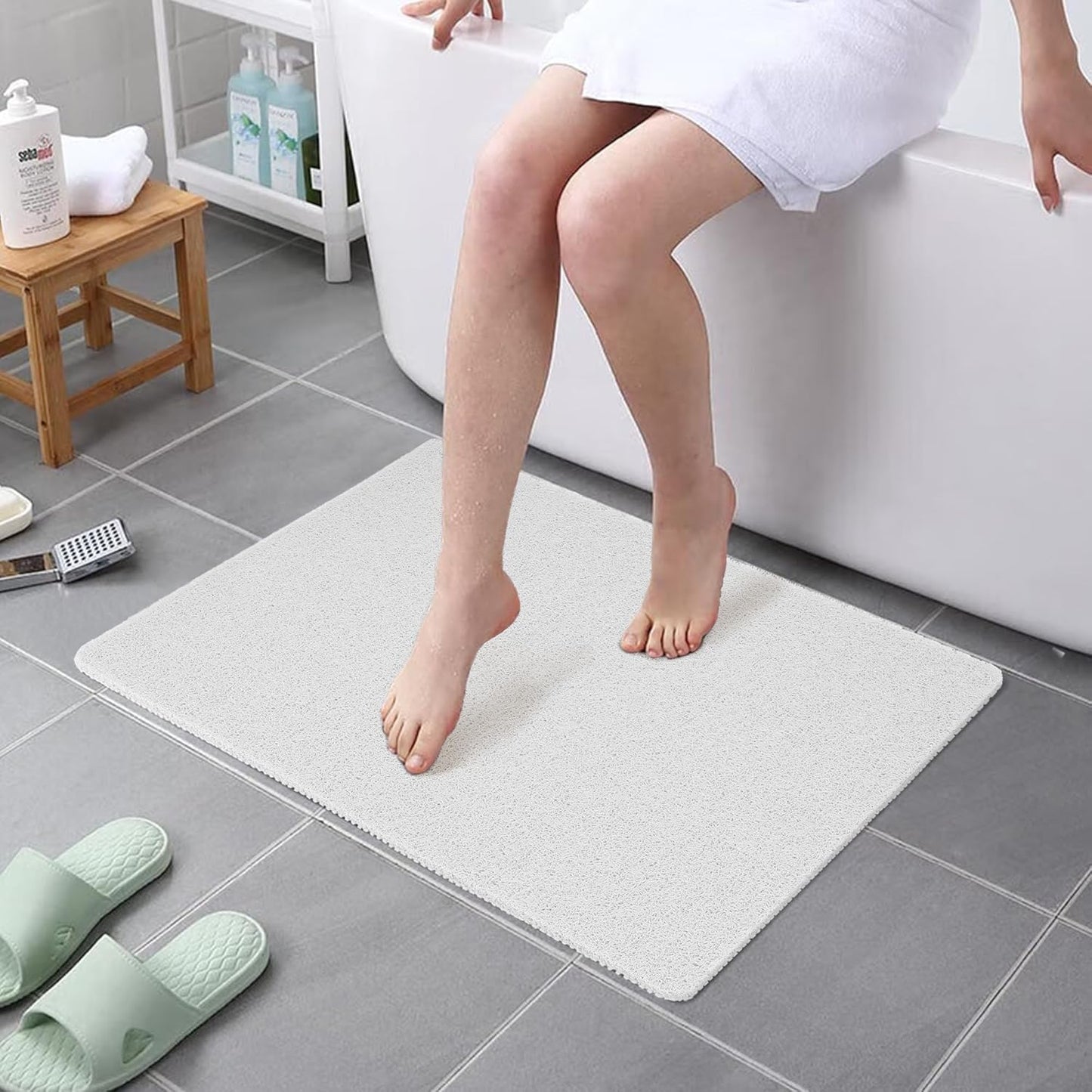 HITSLAM Shower Mat Non Slip, 24 x 16 Inch Bathtub Mat Non Slip with Drain, Soft PVC Loofah Bath Mat for Tub, Quick Drying Bathroom Shower Mat, Grey