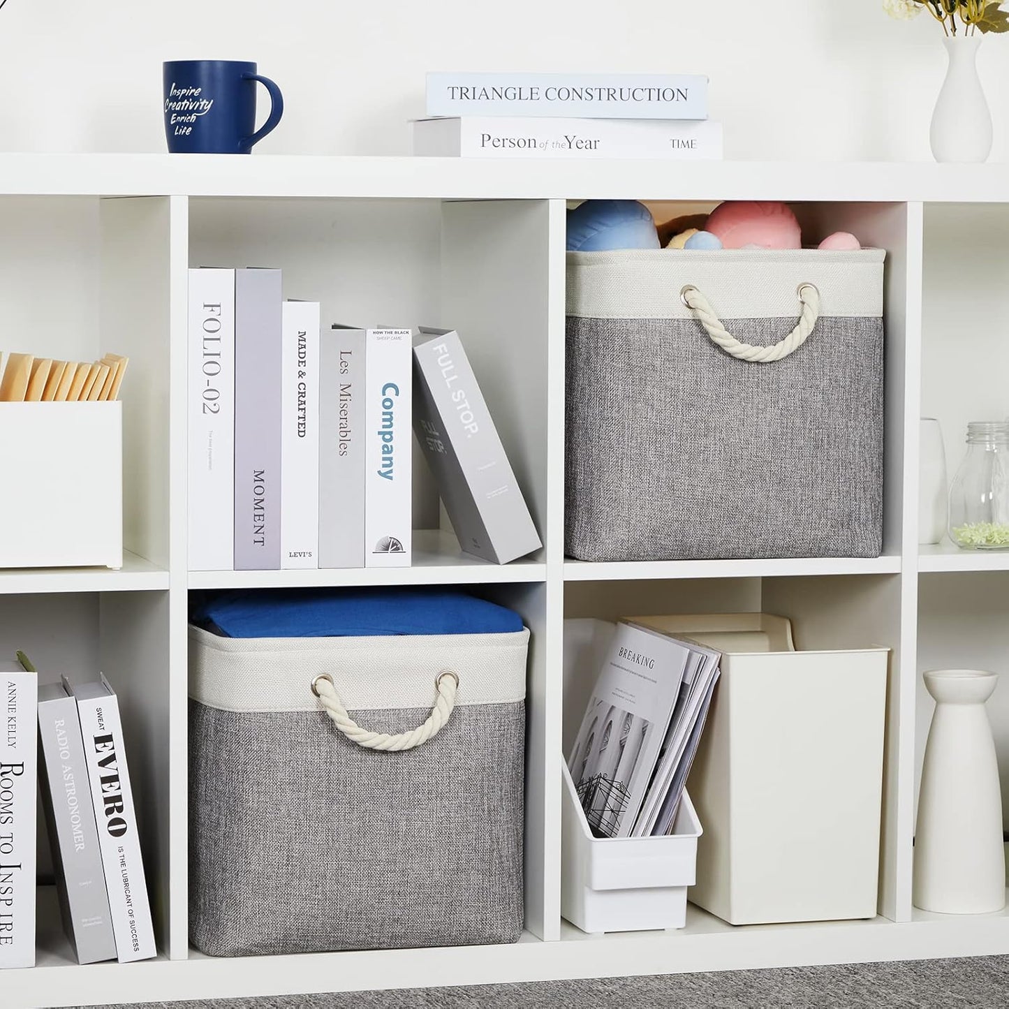 DULLEMELO Storage Baskets for Shelves, Fabric Collapsible Rectangular Storage Bins for Shelves, Closets, Nursery, Home, Office, Empty Gift Baskets (White&Teal)