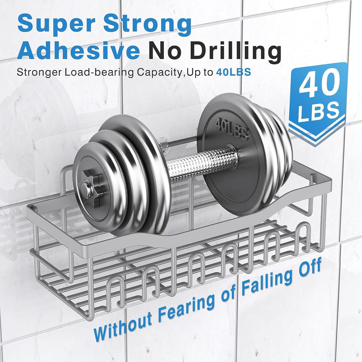 EUDELE 5-Pack Rustproof Stainless Steel Shower Caddy – No Drill Adhesive Bathroom Organizer with Large Capacity, Spacious Shower Shelves for Inside Shower, Kitchen & Home Decor Storage - PuriLite