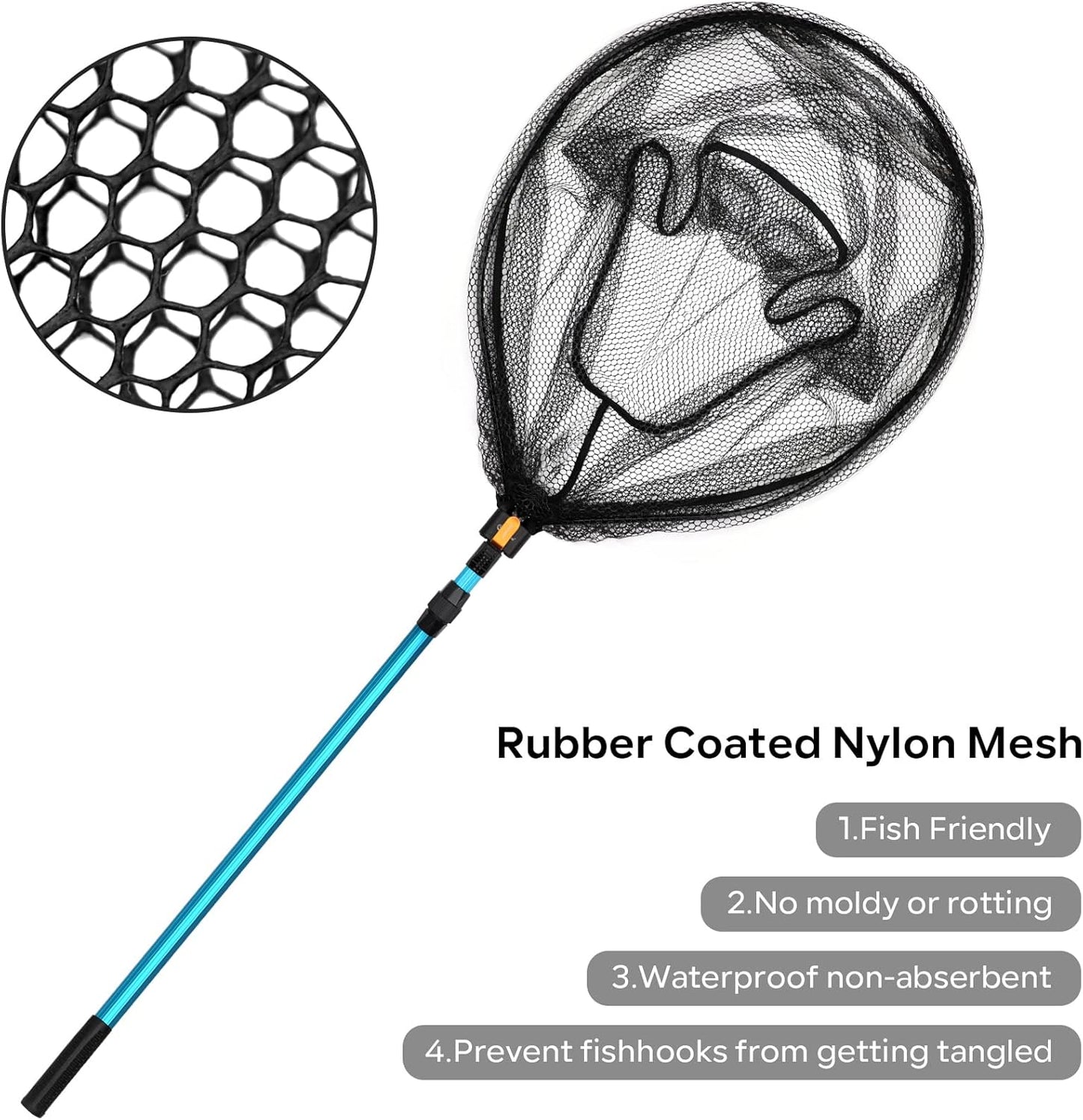 SAN LIKE Fishing Net Telescopic Landing Nets Folding Rubber Fish Net Rubber Coated Landing Net with Adjustable Sturdy Pole Handle for Saltwater Freshwater Bass Trout Fishing Easy Catch & Release