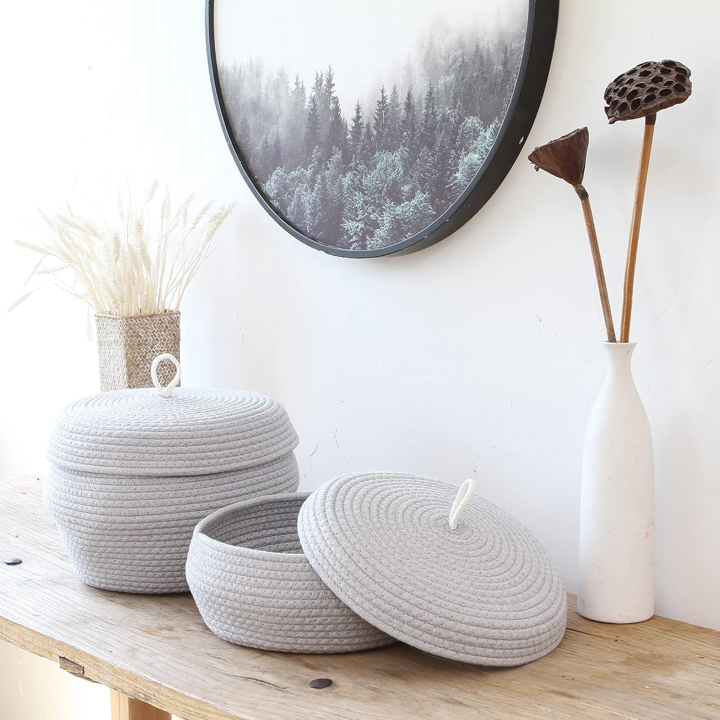 Sea Team Round Cotton Rope Storage Basket with Lid, Decorative Woven Storage Bin, Pot, Caddy, Organizer, Container for Snacks, Towels, Plants (Grey, Small)