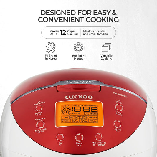 CUCKOO Rice Cooker 6 Cup Uncooked / 12 Cup Cooked, Classic Fuzzy Logic Rice Cooker Small with Delay Timer & Keep Warm Setting, Versatile Food Steamer for Cooking, Non-Stick Inner Pot, Red (CR-0655F)