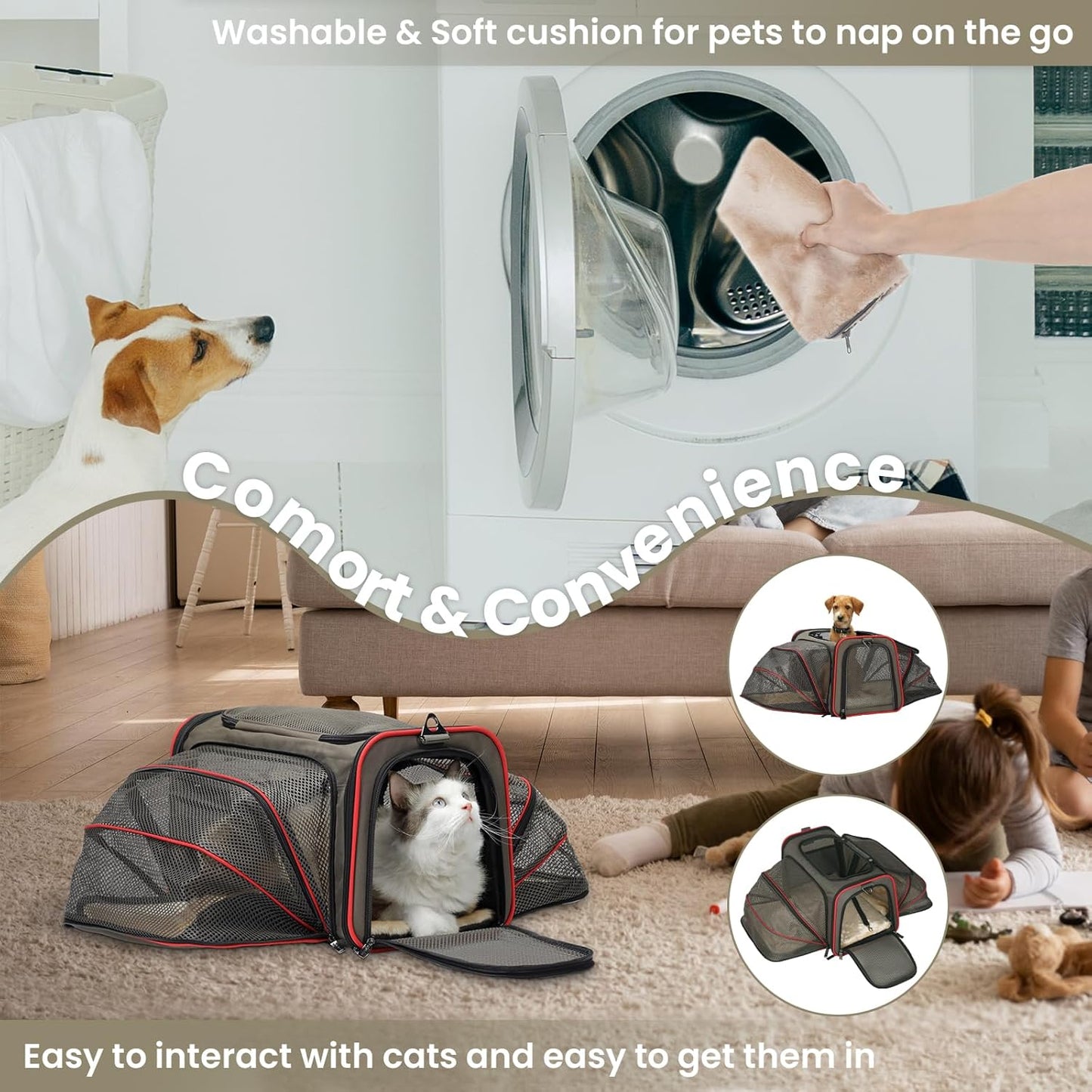 Petsfit Expandable Cat Dog Carrier Airline Approved, 17" L x 11" W x 11" H Soft-Sided Portable Pet Travel Carrier for Kitten, Puppy, Removable Soft Plush Mat and Pockets, Auto-Locking Zippers