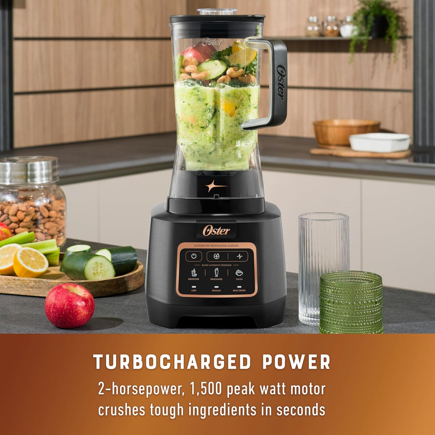 Oster Extreme Mix Professional Blender, 1500W, 10-Point Titanium Blades w/Reversable Blending Tech for Turbocharged Chopping & Pulverizing, Single-Touch Auto Programs, 64oz Dishwasher-Safe Pitcher